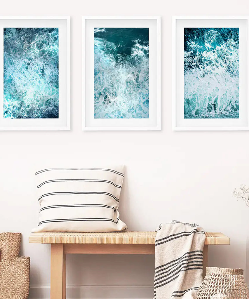 3-teiliges blaues, minimalistisches Wanddekor mit Meereswellen