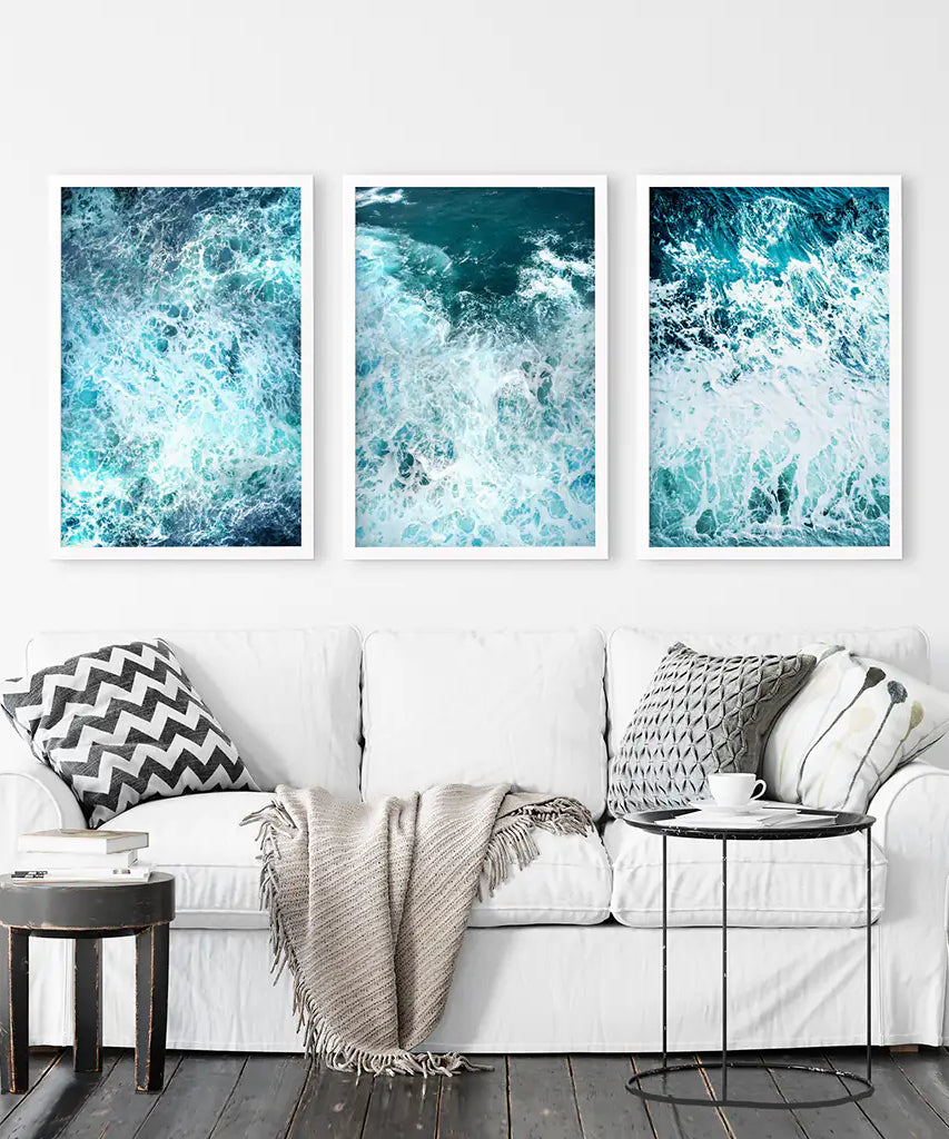 3-teiliges blaues, minimalistisches Wanddekor mit Meereswellen