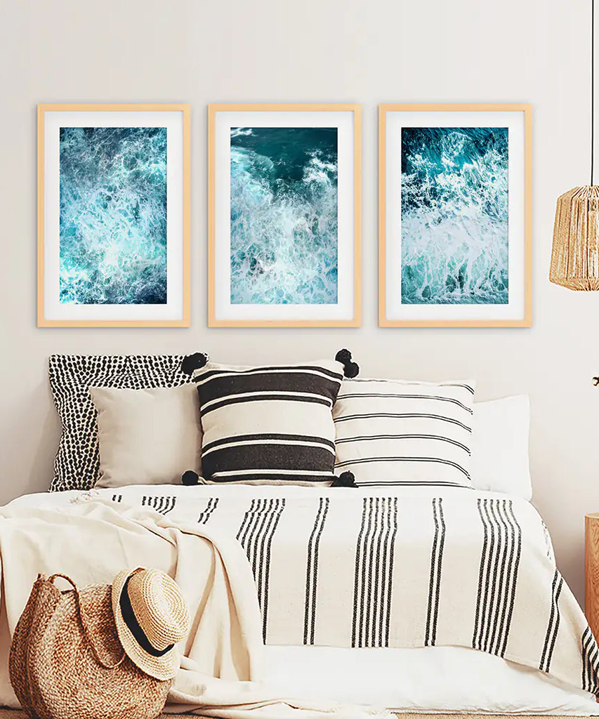 3-teiliges blaues, minimalistisches Wanddekor mit Meereswellen