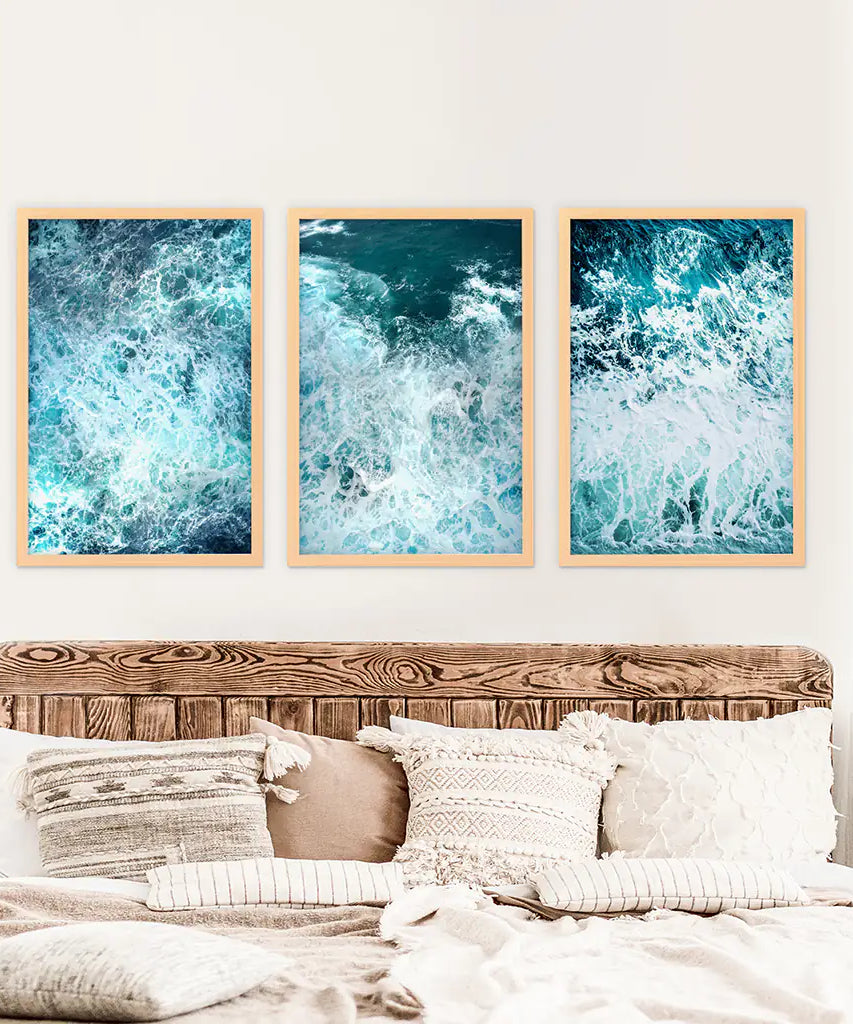 3-teiliges blaues, minimalistisches Wanddekor mit Meereswellen