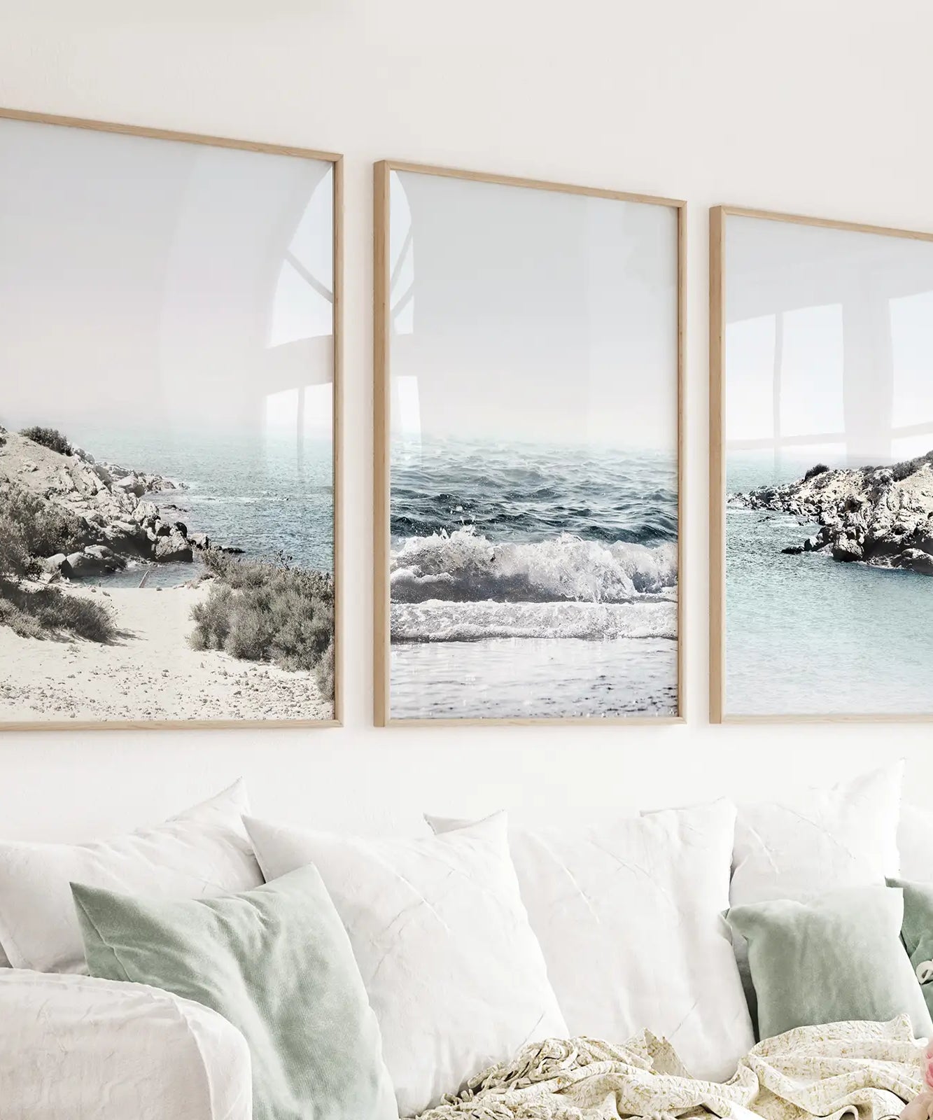 3 Piece Coastal Seascape Set. Blue Waves, Rocky Beach