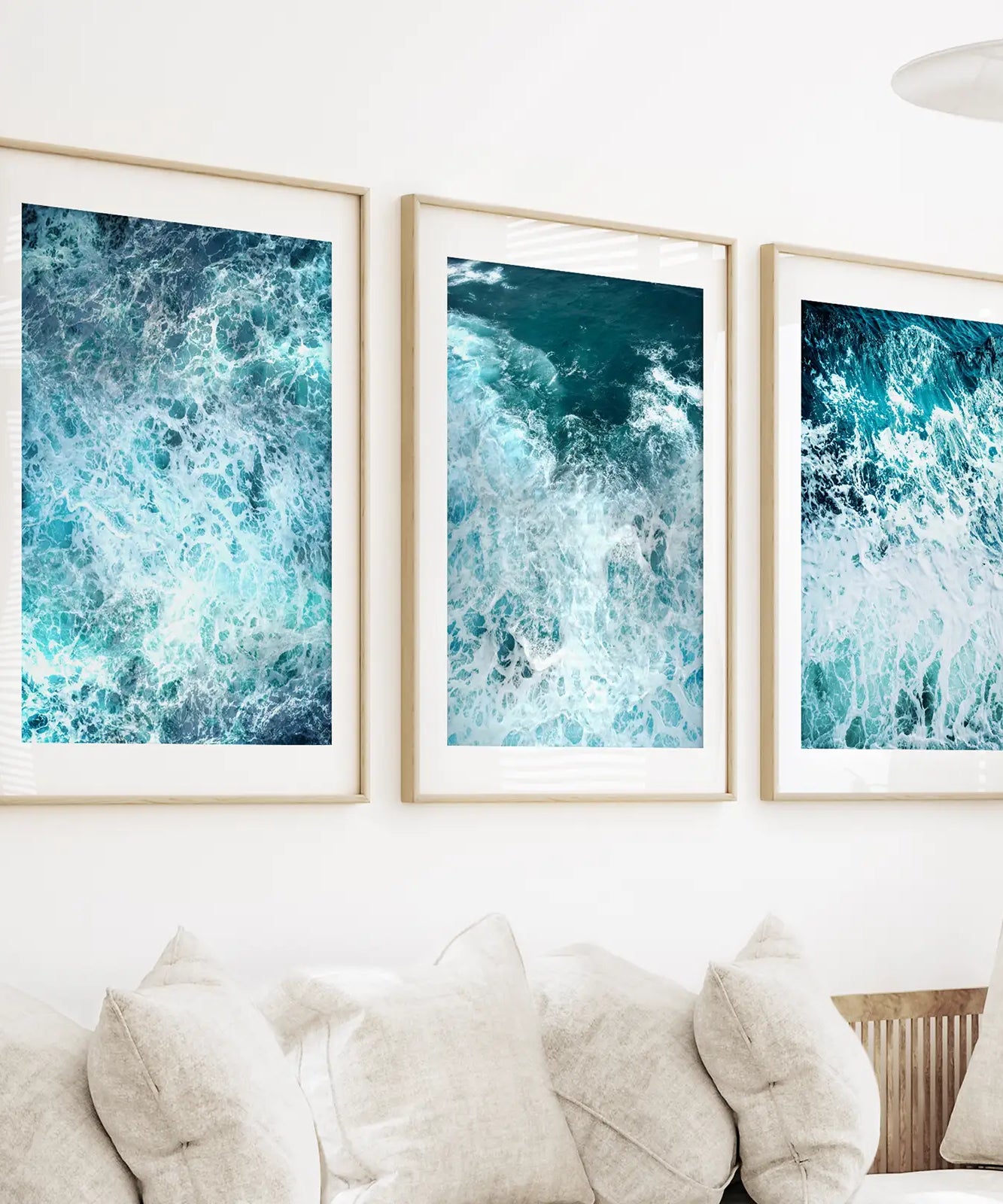 3-teiliges blaues, minimalistisches Wanddekor mit Meereswellen
