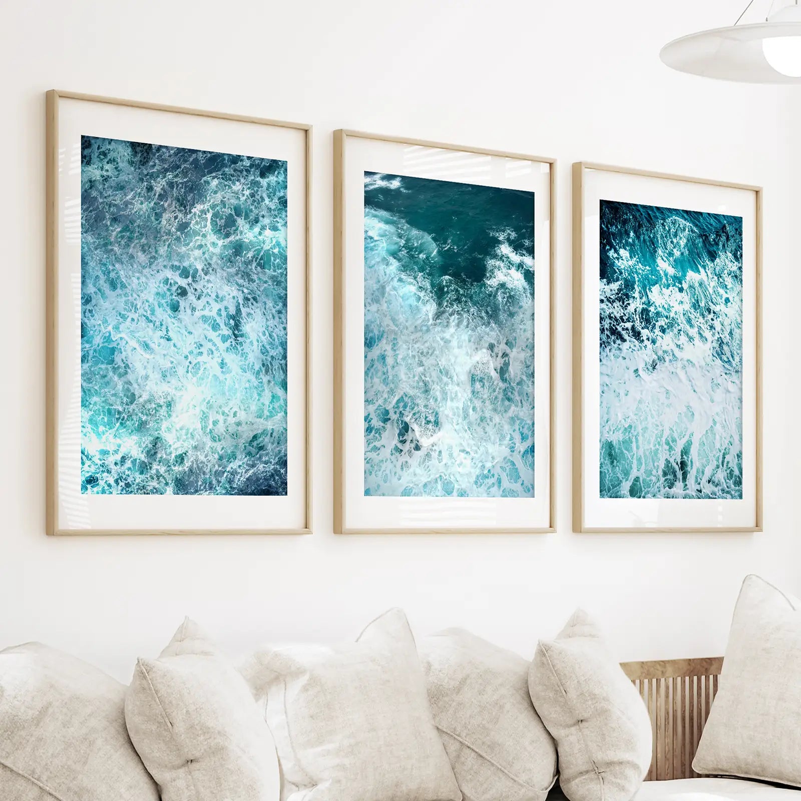 3-teiliges blaues, minimalistisches Wanddekor mit Meereswellen
