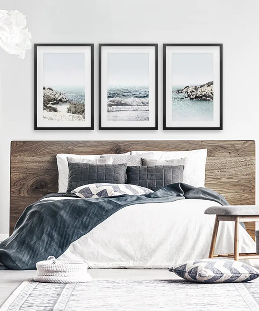 3 Piece Coastal Seascape Set. Blue Waves, Rocky Beach