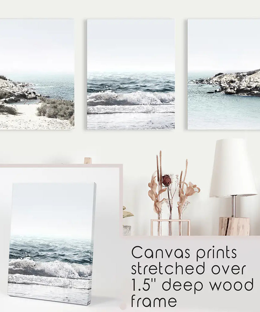 3 Piece Coastal Seascape Set. Blue Waves, Rocky Beach