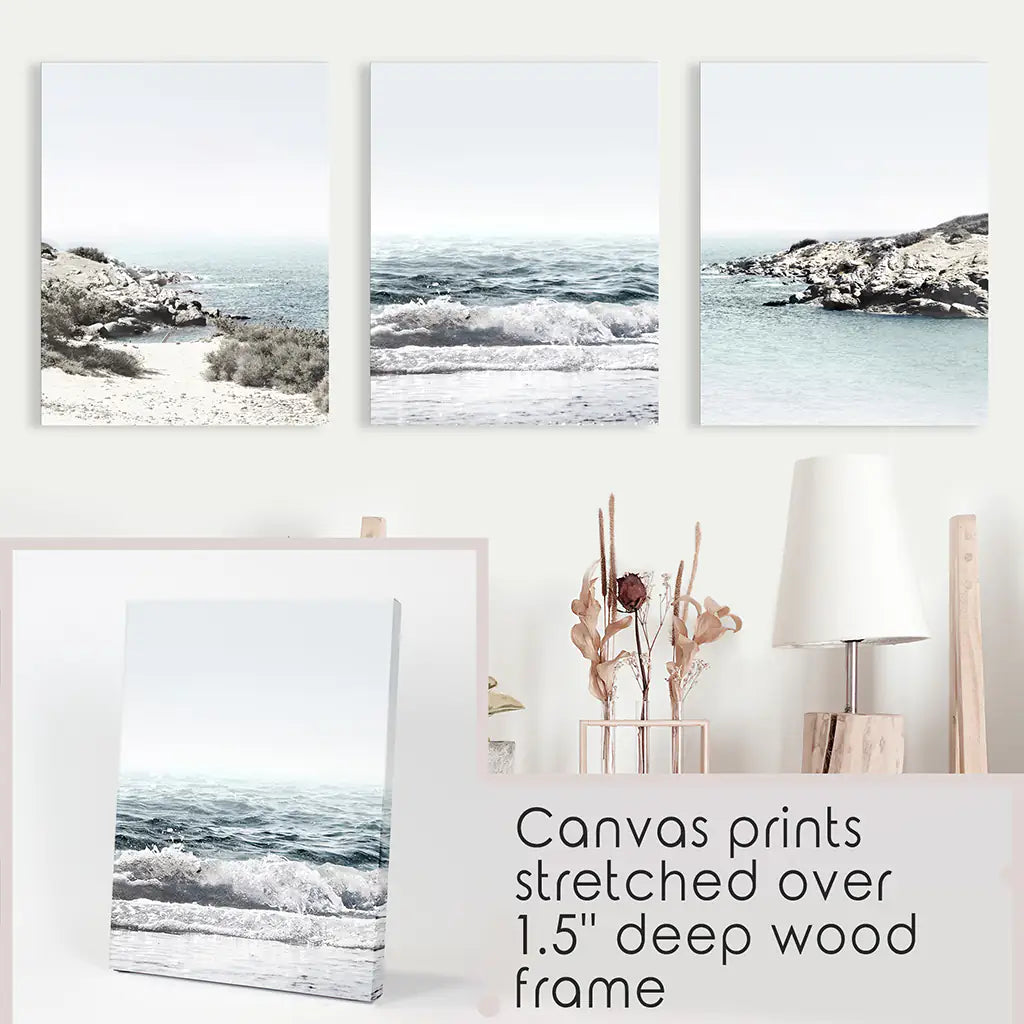 3 Piece Coastal Seascape Set. Blue Waves, Rocky Beach
