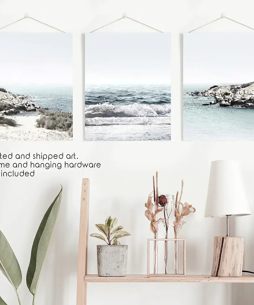 3 Piece Coastal Seascape Set. Blue Waves, Rocky Beach