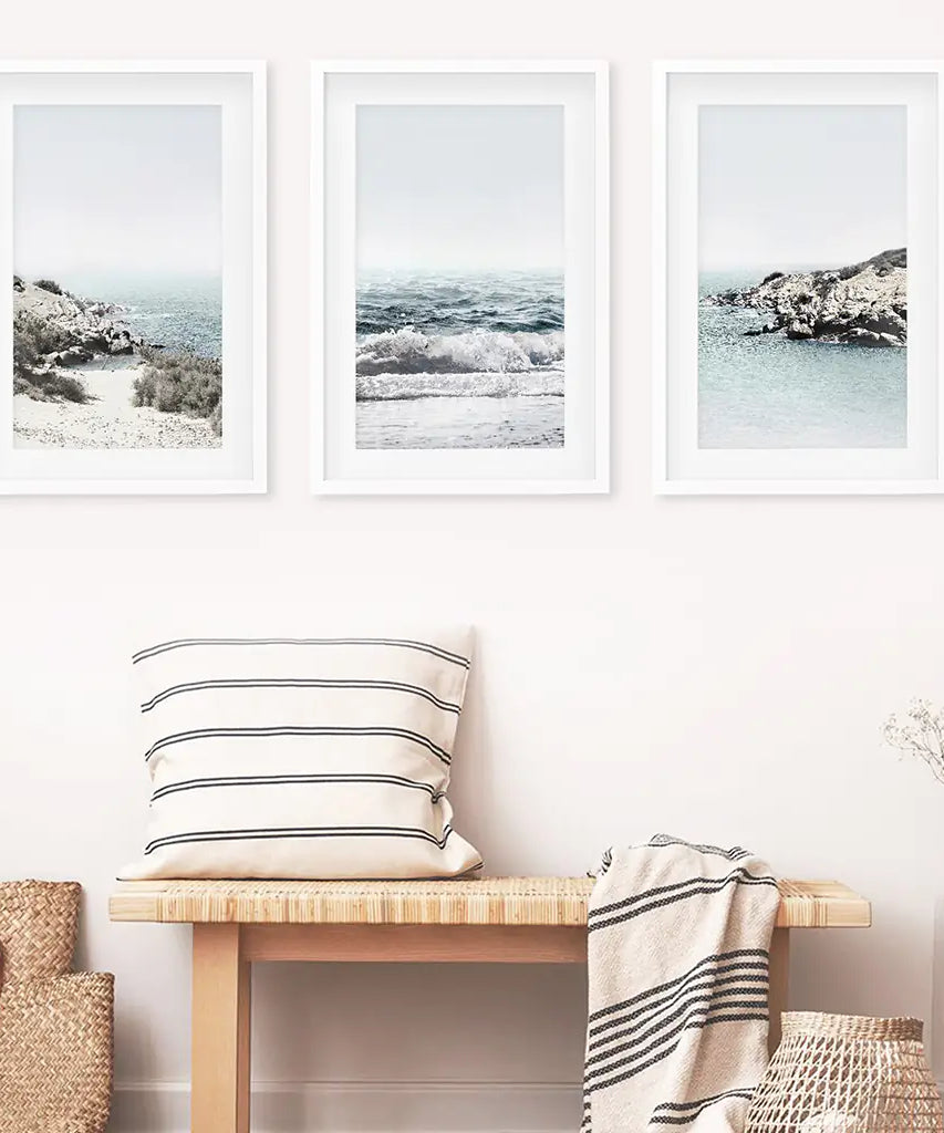 3 Piece Coastal Seascape Set. Blue Waves, Rocky Beach