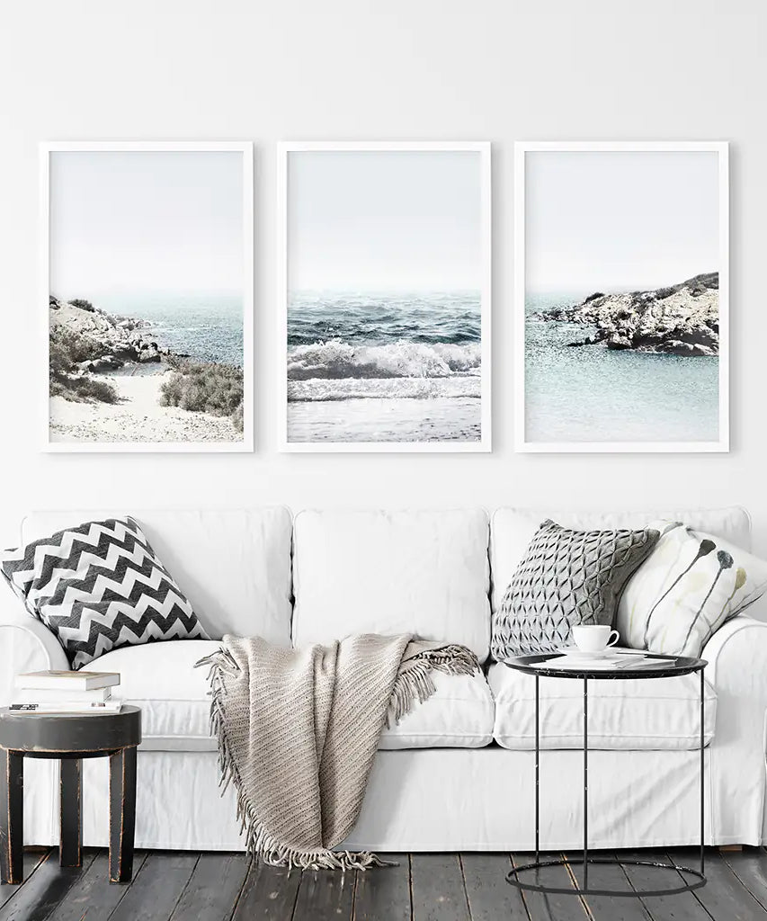 3 Piece Coastal Seascape Set. Blue Waves, Rocky Beach