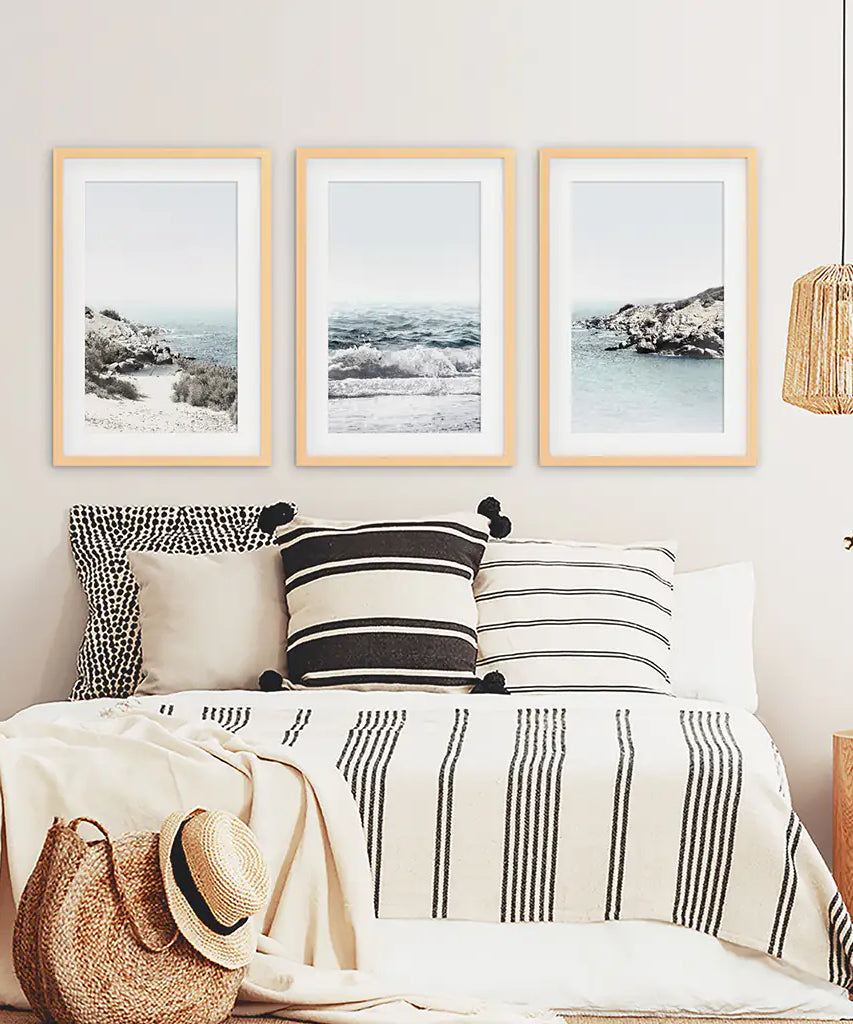 3 Piece Coastal Seascape Set. Blue Waves, Rocky Beach