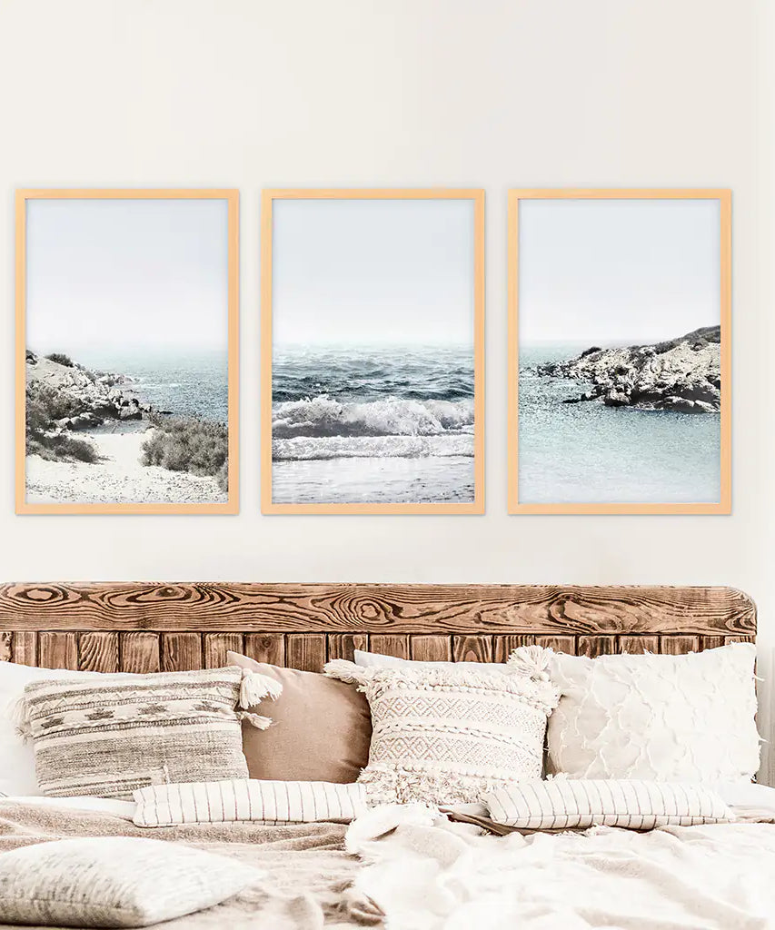 3 Piece Coastal Seascape Set. Blue Waves, Rocky Beach