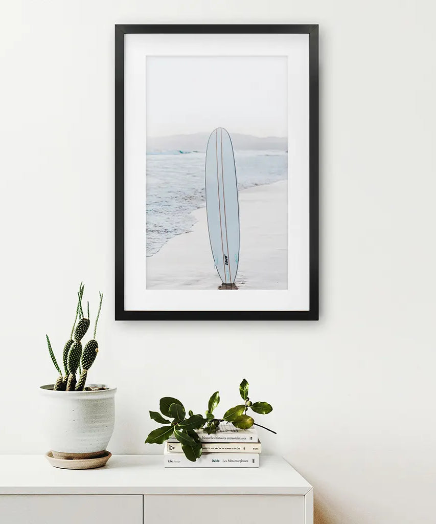 Blaues Surfbrett-Poster. Wandbild Ozeanstrand