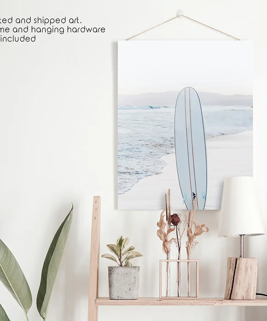 Blaues Surfbrett-Poster. Wandbild Ozeanstrand