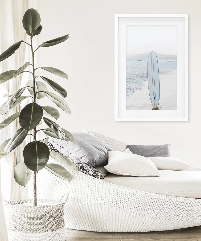 Blaues Surfbrett-Poster. Wandbild Ozeanstrand