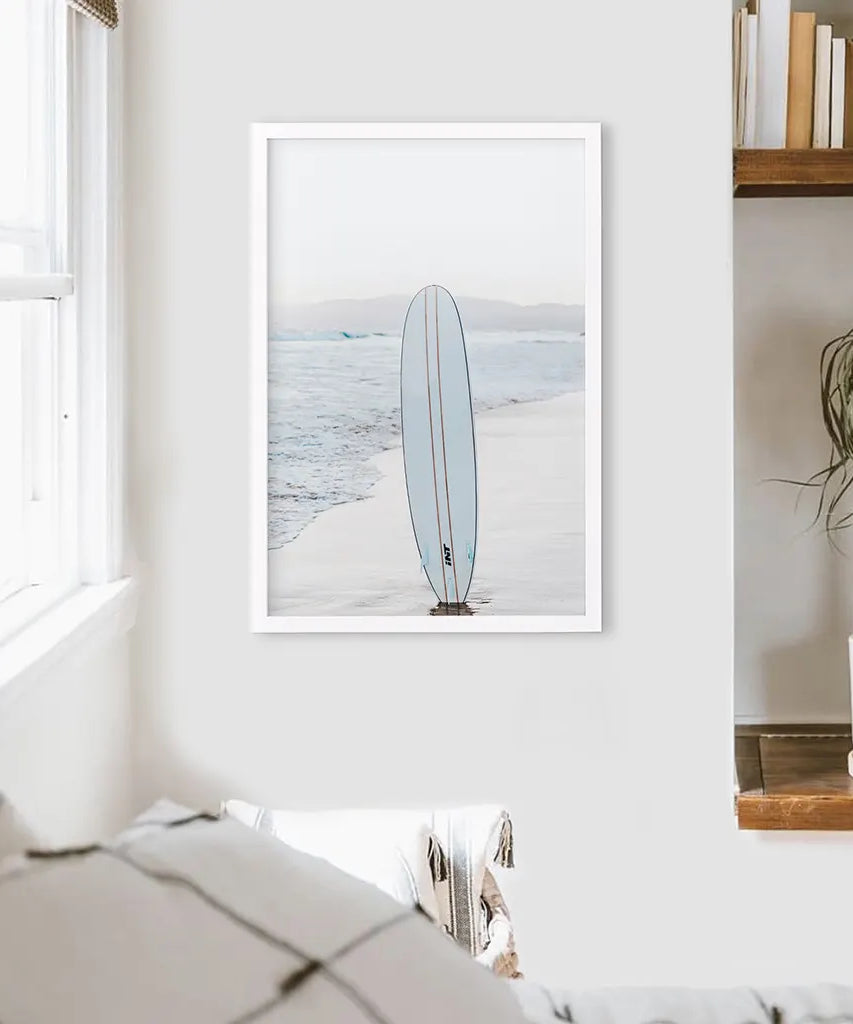 Blaues Surfbrett-Poster. Wandbild Ozeanstrand