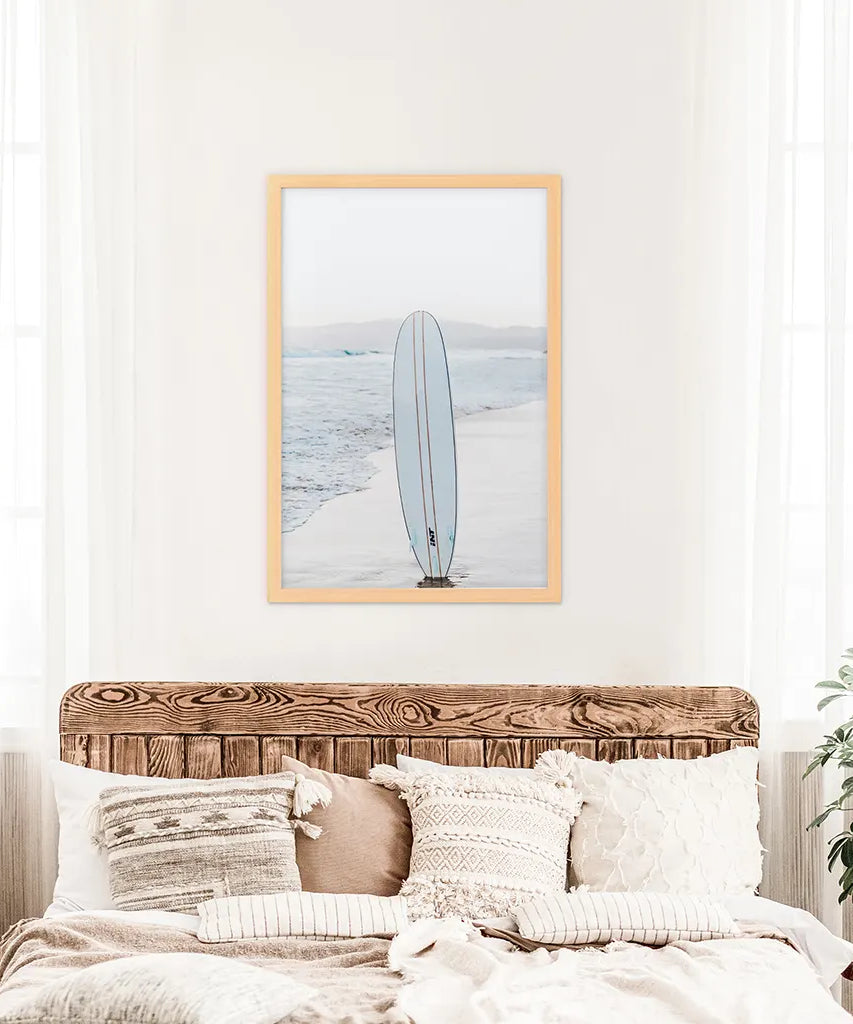 Blaues Surfbrett-Poster. Wandbild Ozeanstrand