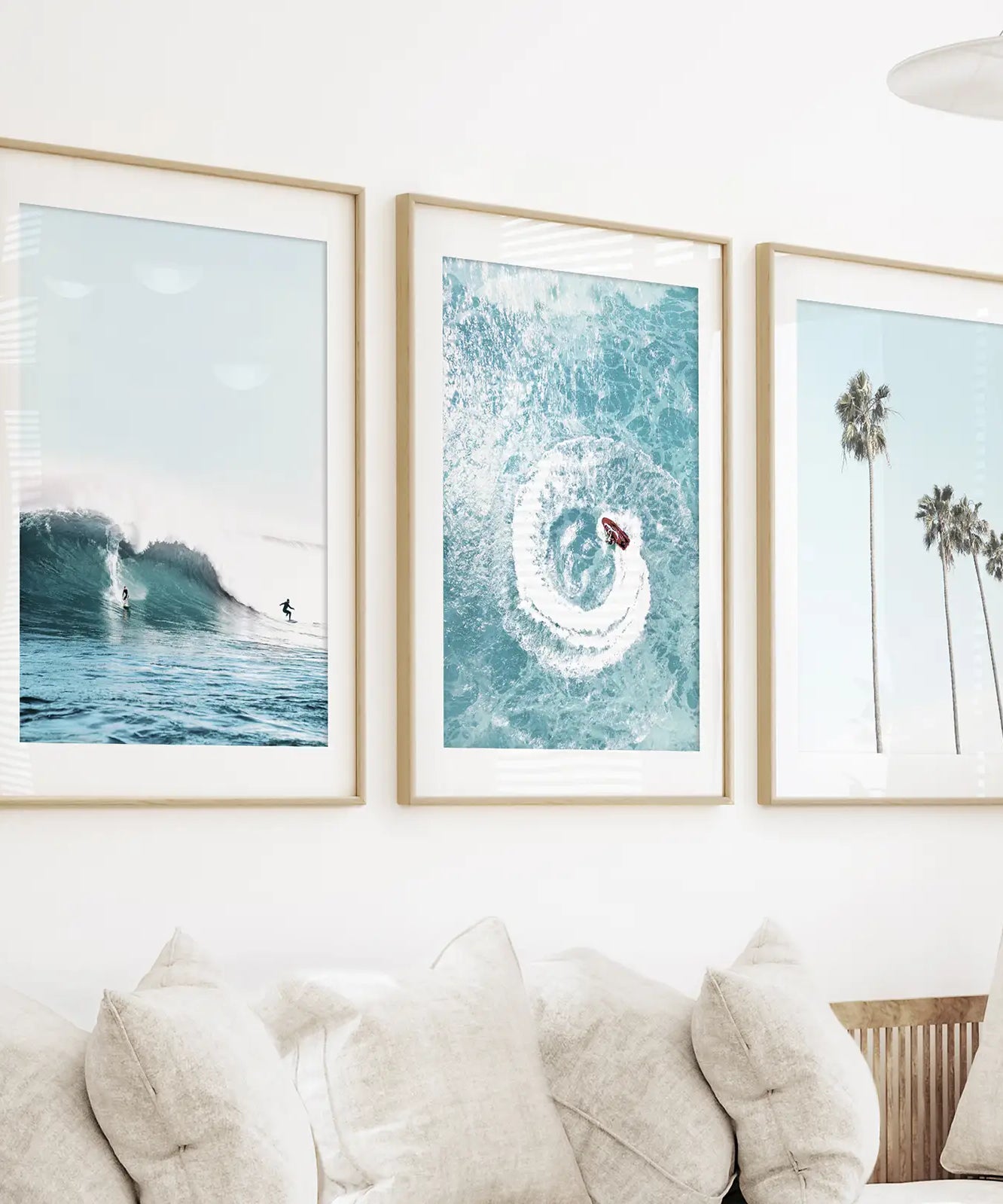 Blue Ocean Themed 3 Piece Wall Art. Palm Trees, Waves