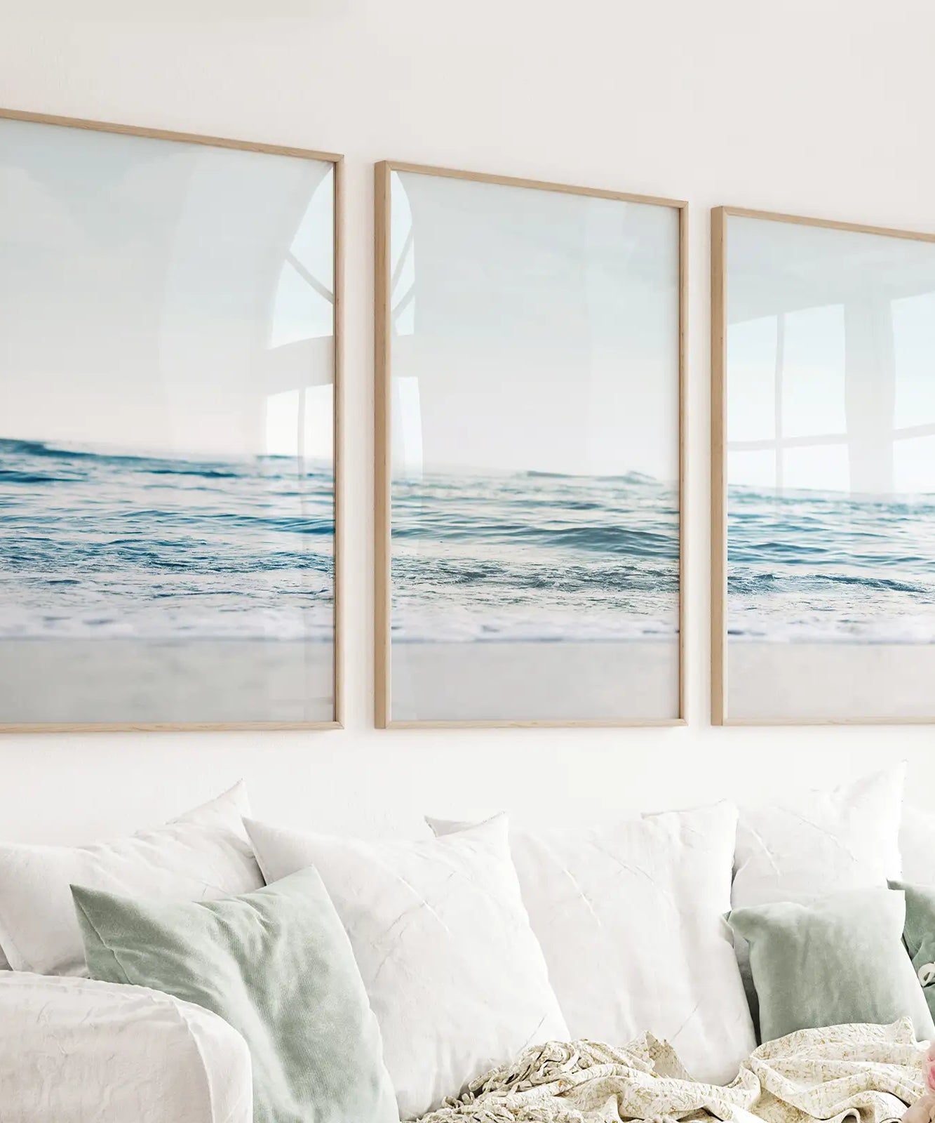 Blue Waves, Sandy Beach. Minimalist 3 Piece Wall Decor