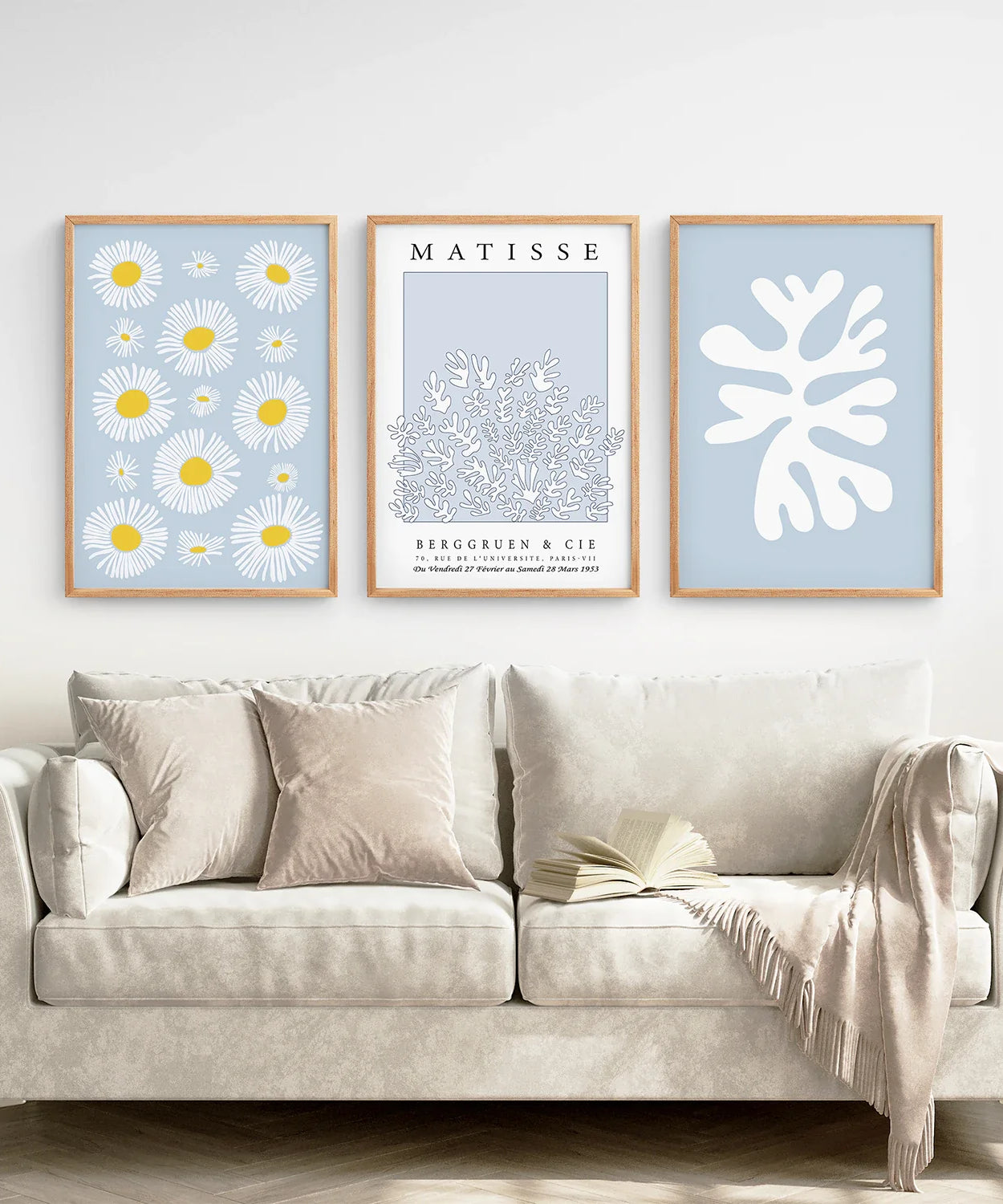 Abstrakter Matisse-Kunstdruck, 3er-Set. Blaue florale Wandkunst