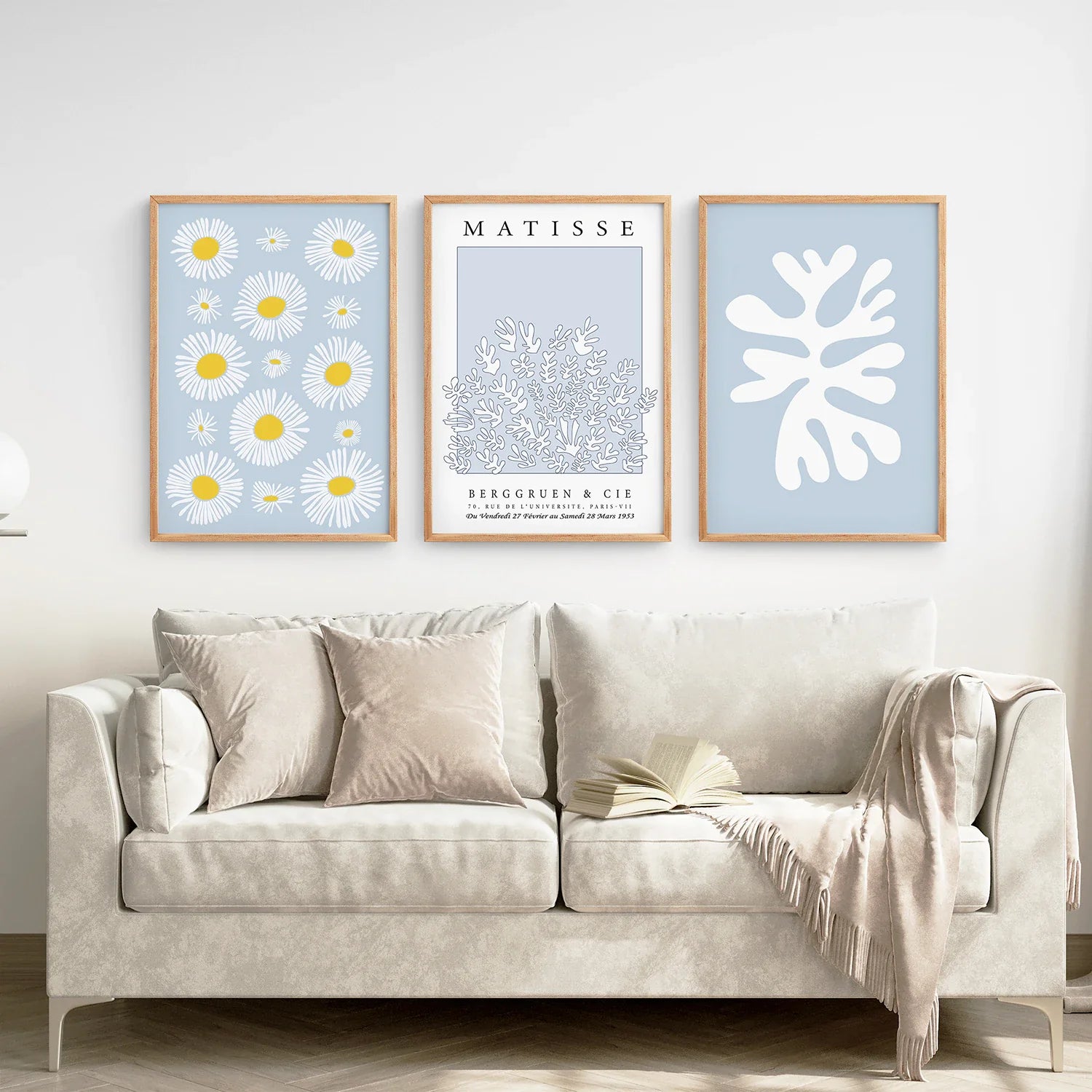 Abstrakter Matisse-Kunstdruck, 3er-Set. Blaue florale Wandkunst