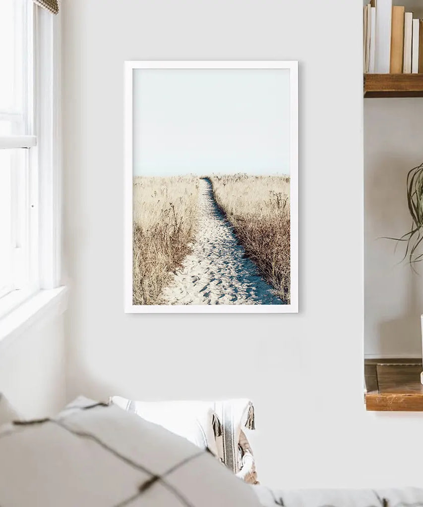 Ruhiger Strand Wandbild. Sanddünen, trockenes Gras