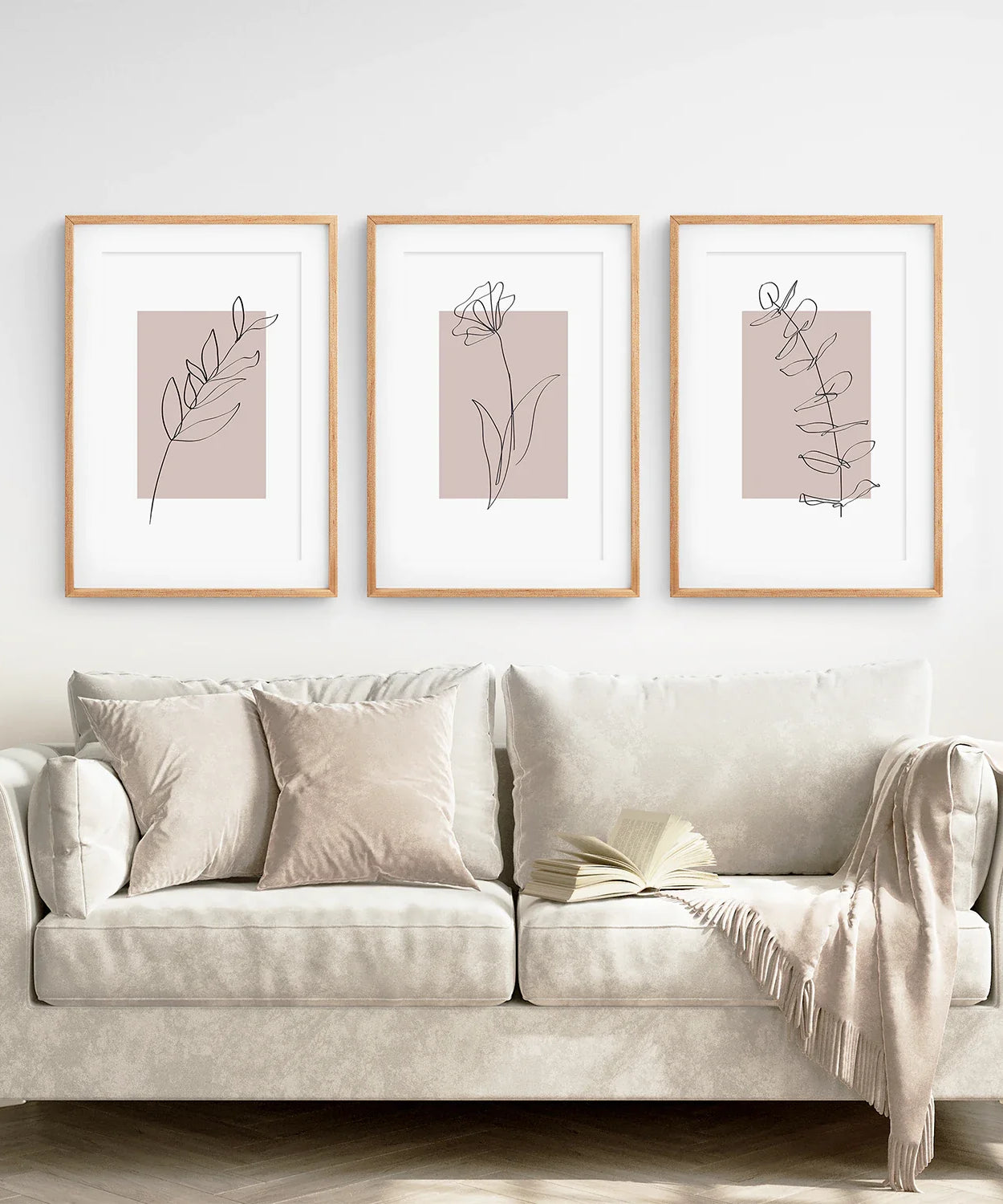 Set aus 3 botanischen Line-Art-Drucken in Rouge-Pink
