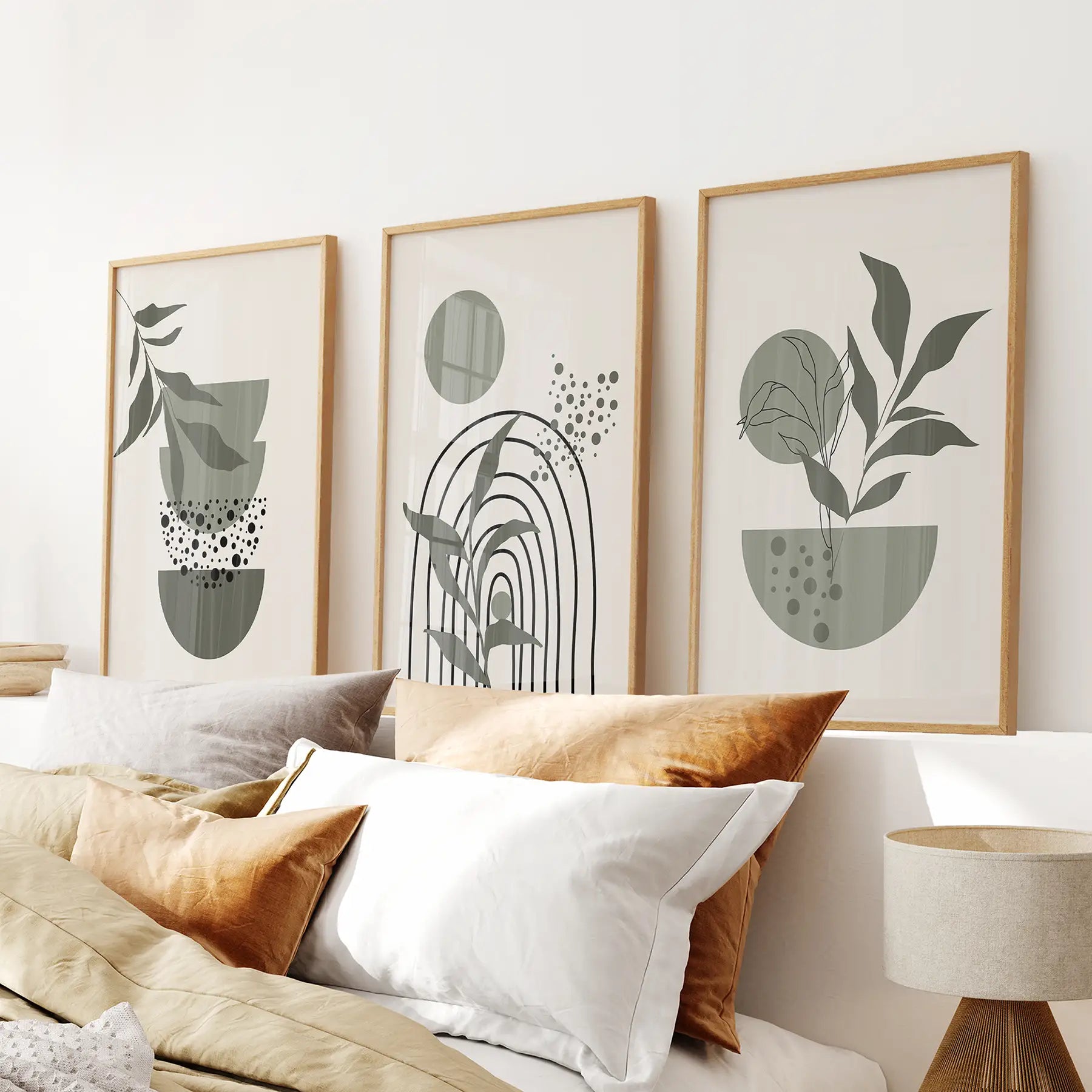 3-teilige Boho-Wandkunstdrucke. Grüne Mid-Century abstrakte Dekoration
