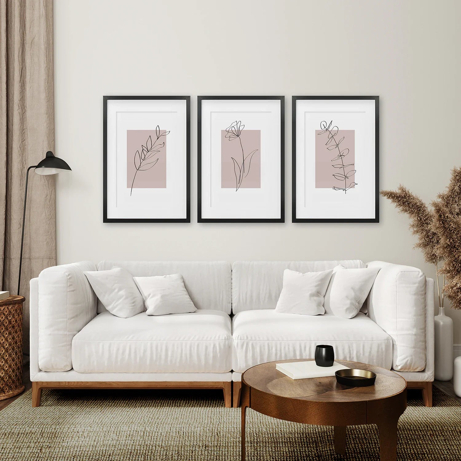 Set aus 3 botanischen Line-Art-Drucken in Rouge-Pink