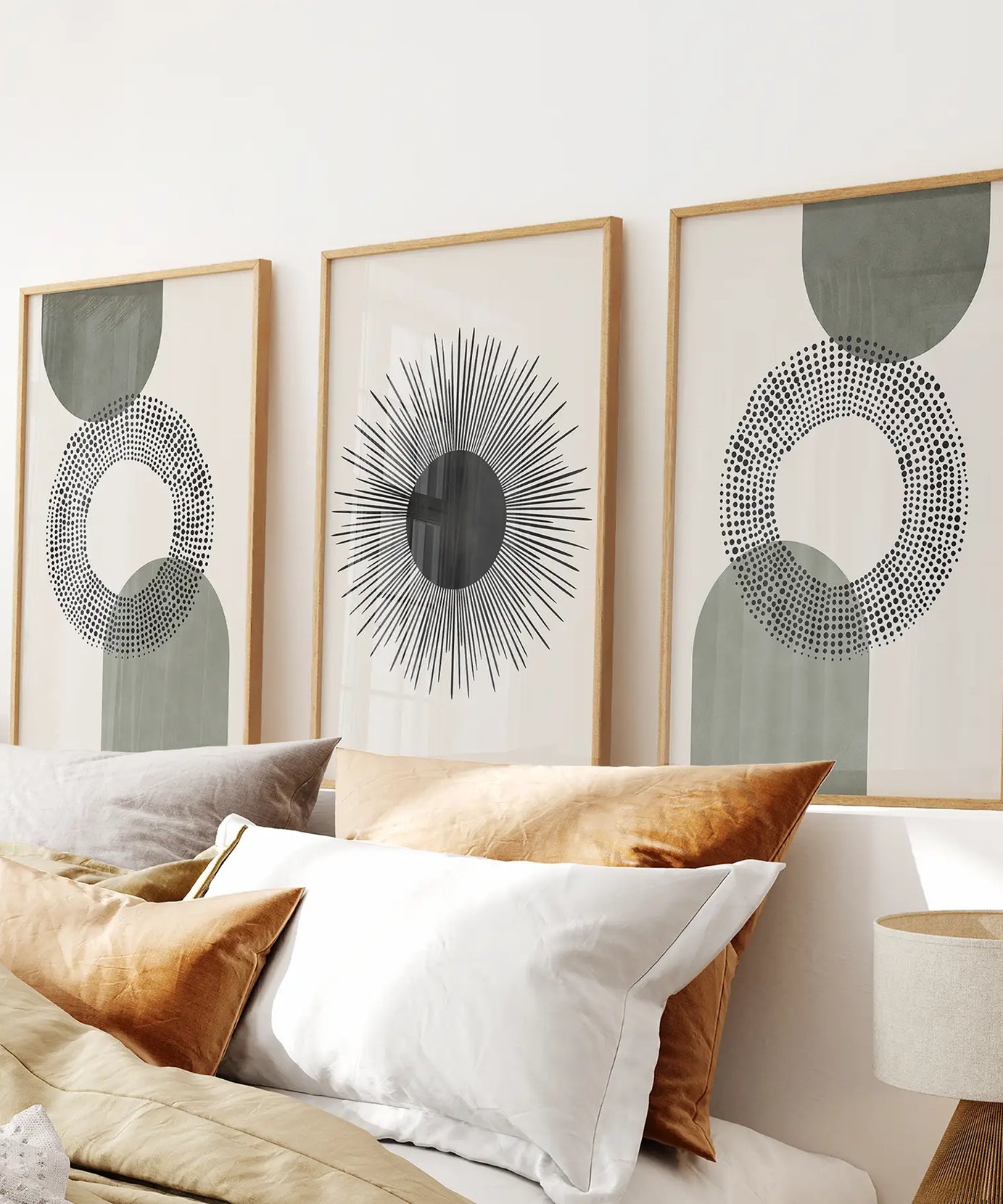 Set of 3 Boho Prints. Sage Green Modern Mid Century Wall Art.