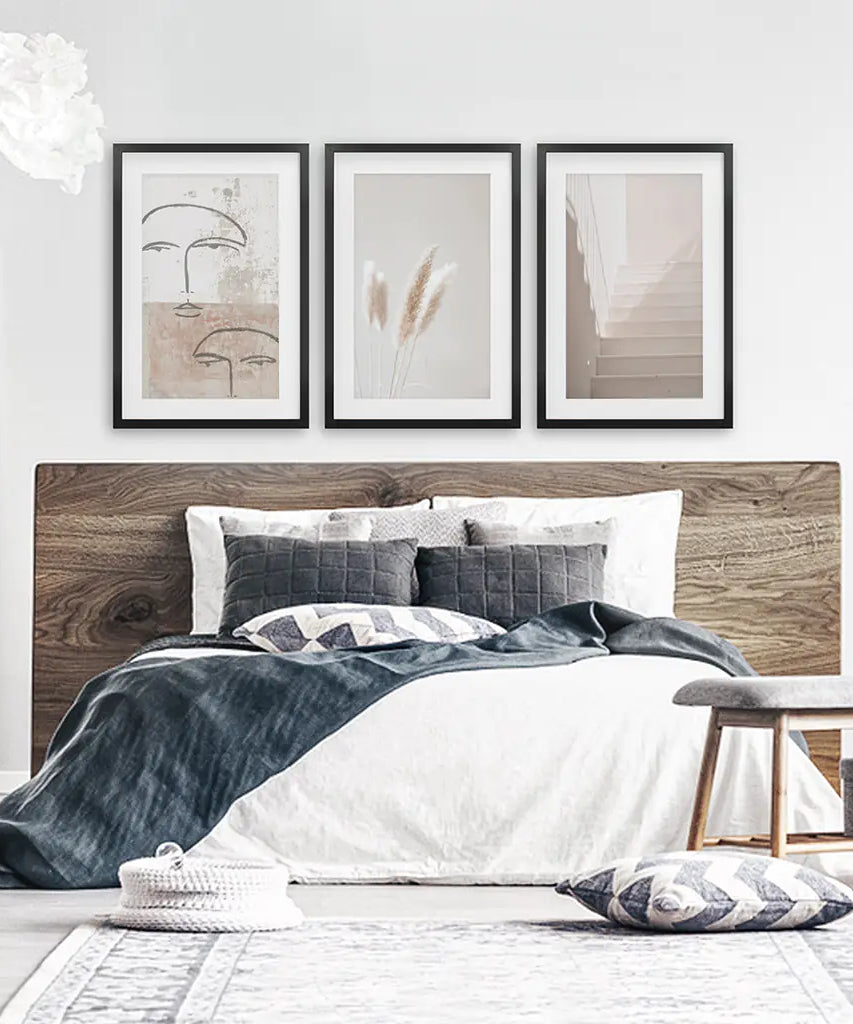 Boho Minimalist Wandkunst-Set. Abstrakte Gesichter, Gras, Treppen