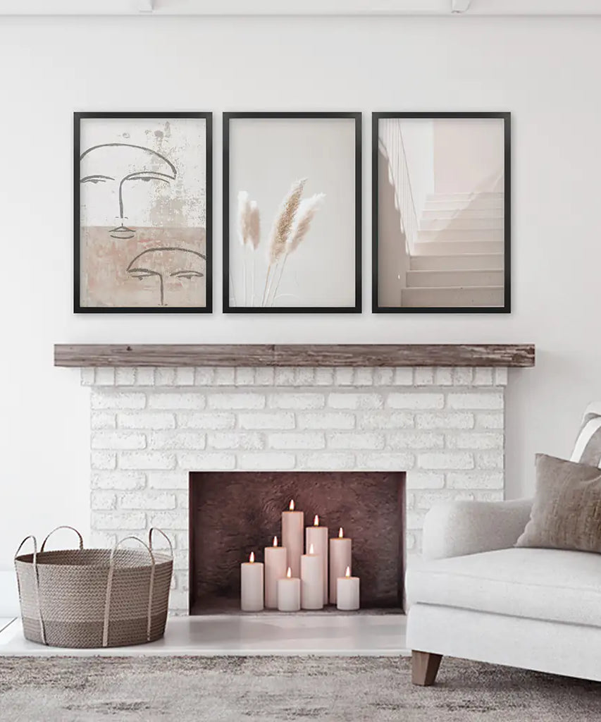 Boho Minimalist Wandkunst-Set. Abstrakte Gesichter, Gras, Treppen