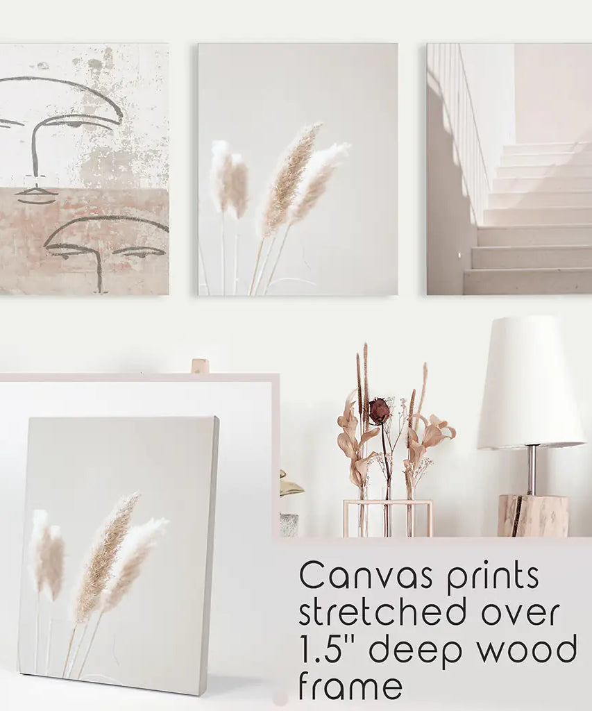 Boho Minimalist Wandkunst-Set. Abstrakte Gesichter, Gras, Treppen