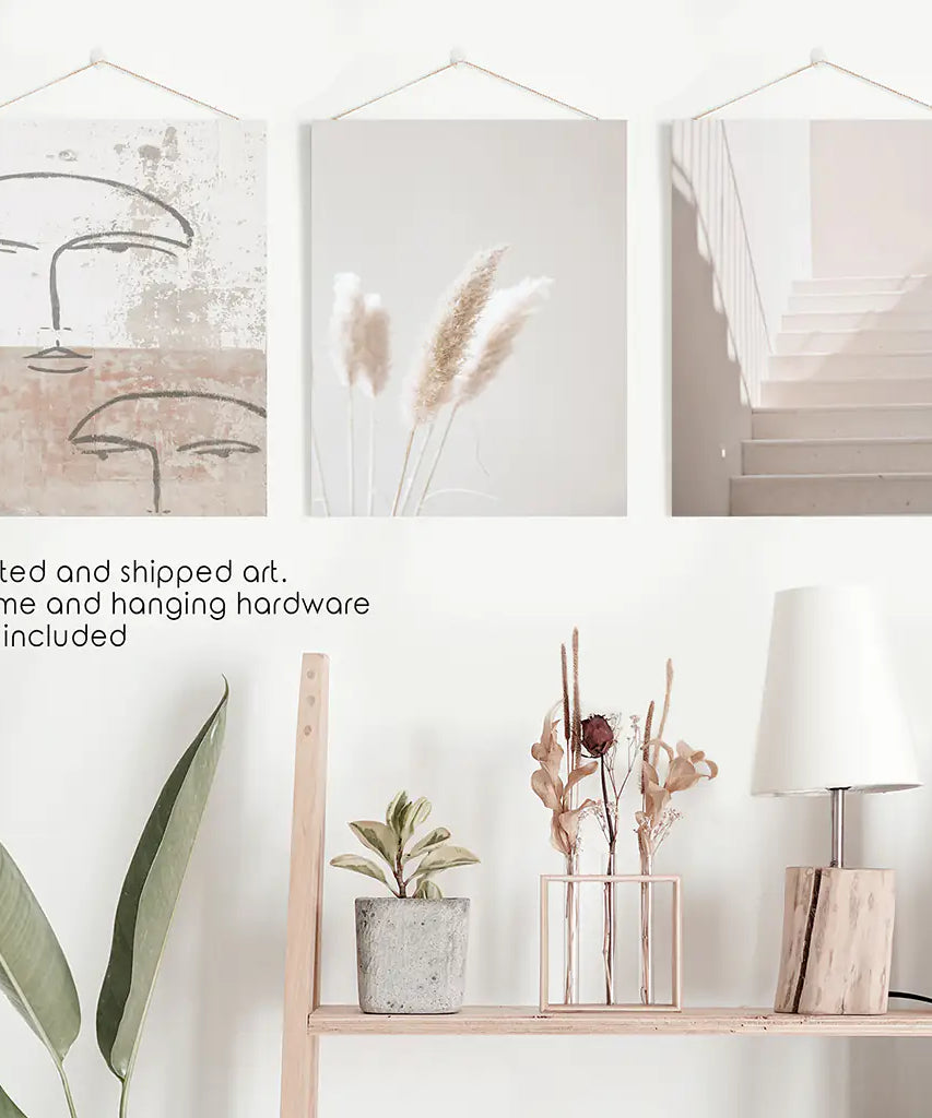 Boho Minimalist Wandkunst-Set. Abstrakte Gesichter, Gras, Treppen