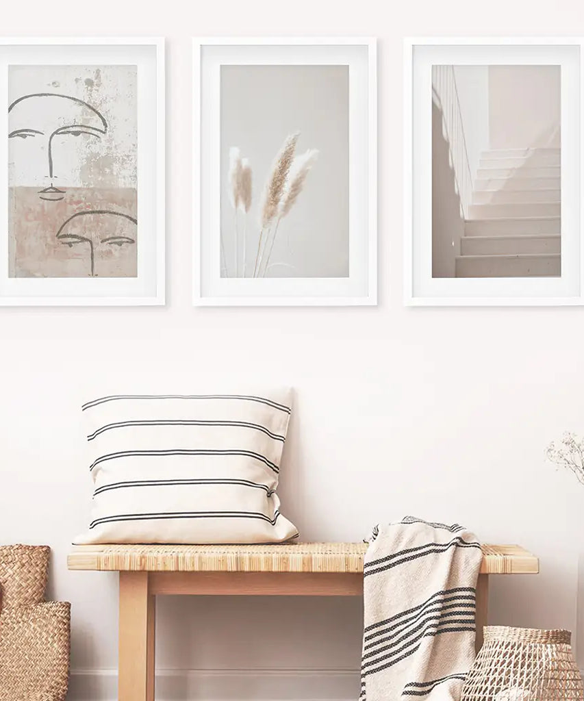 Boho Minimalist Wandkunst-Set. Abstrakte Gesichter, Gras, Treppen