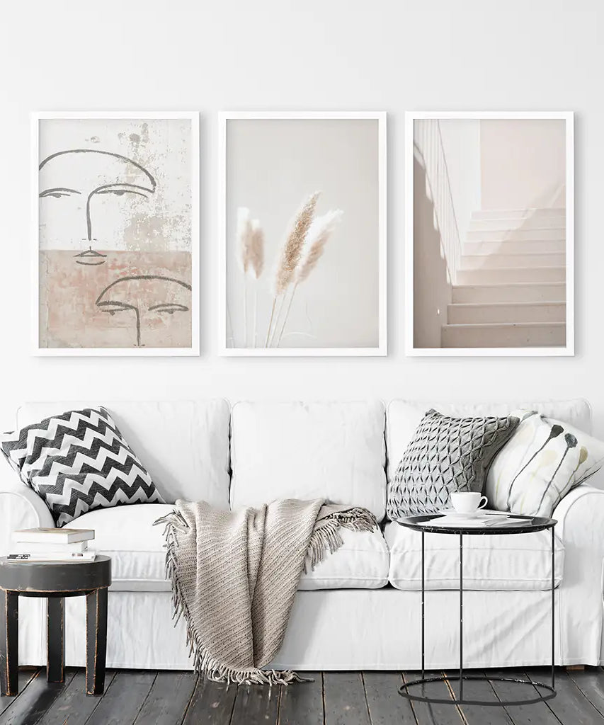 Boho Minimalist Wandkunst-Set. Abstrakte Gesichter, Gras, Treppen