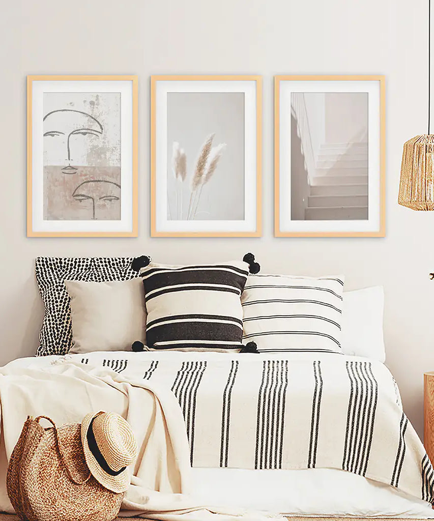 Boho Minimalist Wandkunst-Set. Abstrakte Gesichter, Gras, Treppen