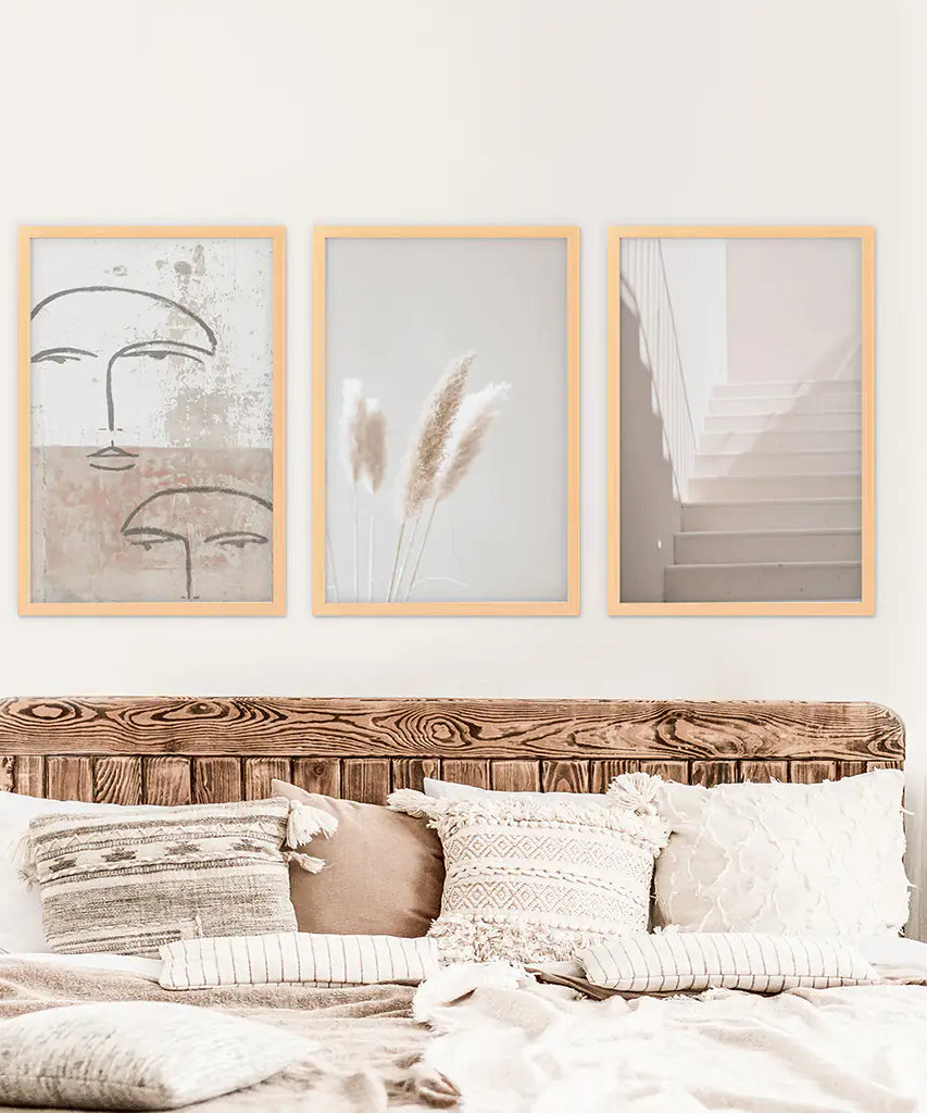 Boho Minimalist Wandkunst-Set. Abstrakte Gesichter, Gras, Treppen