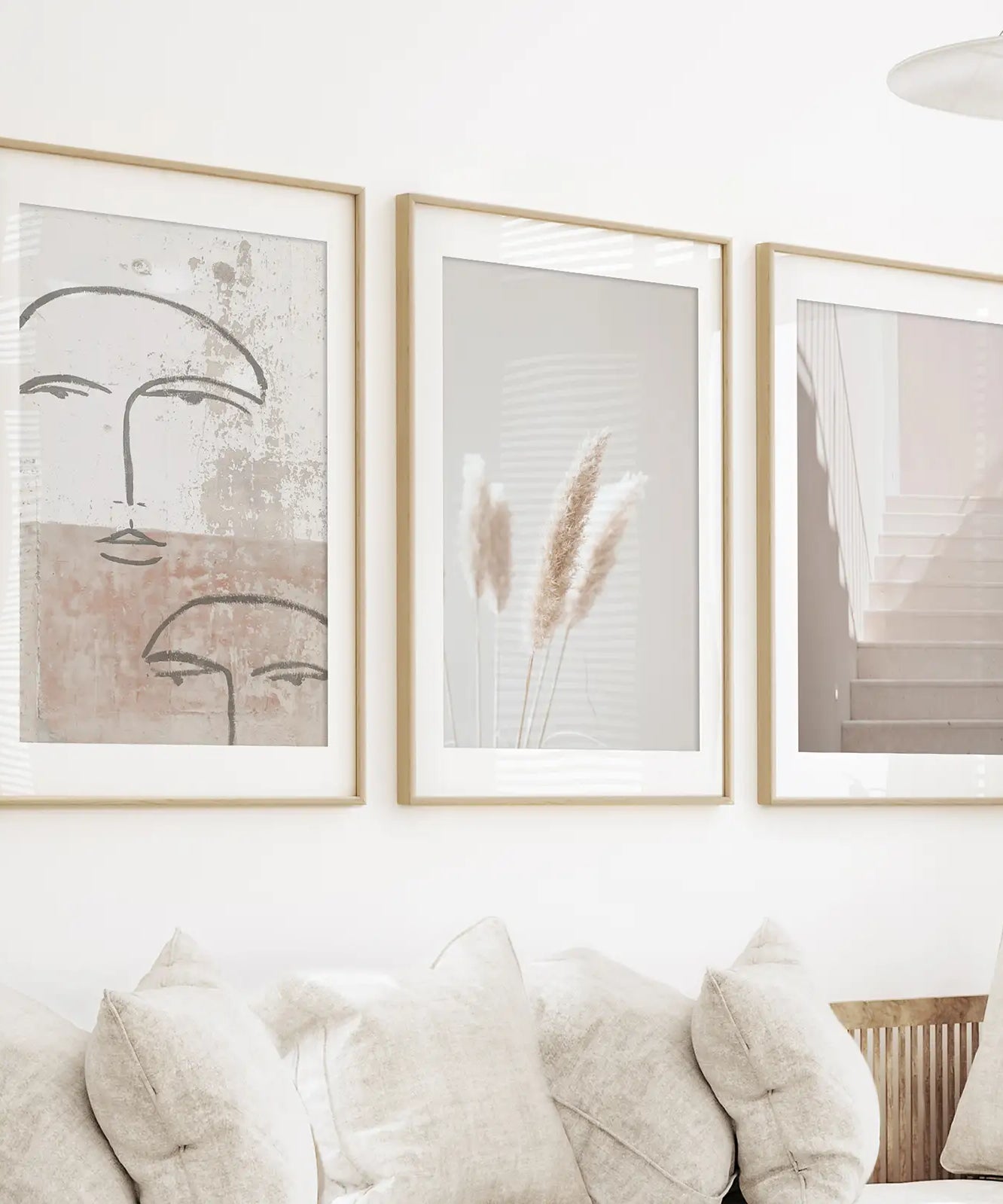Boho Minimalist Wandkunst-Set. Abstrakte Gesichter, Gras, Treppen