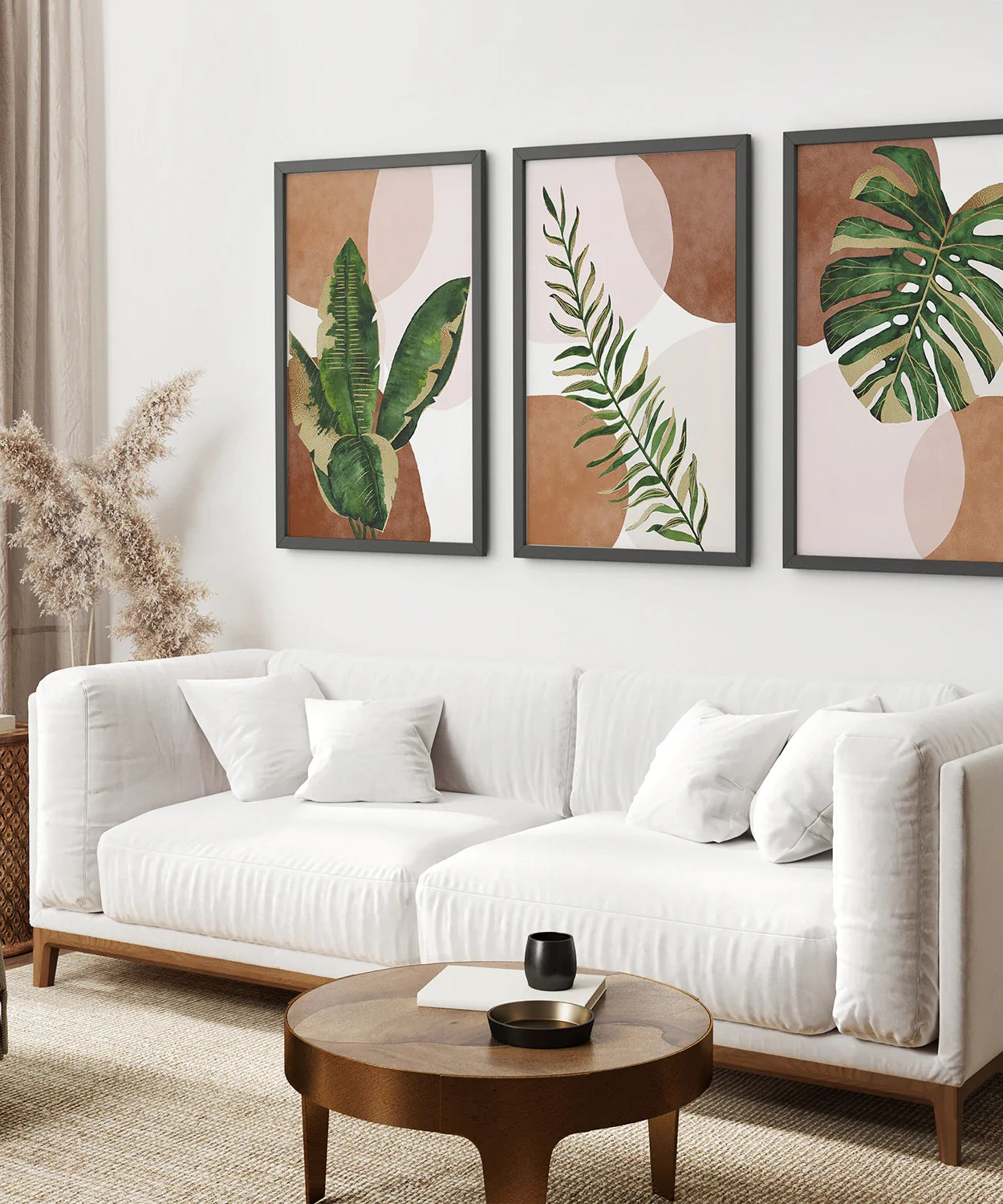 3-teilige Terrakotta Boho Wandkunst. Grüne tropische Blätter