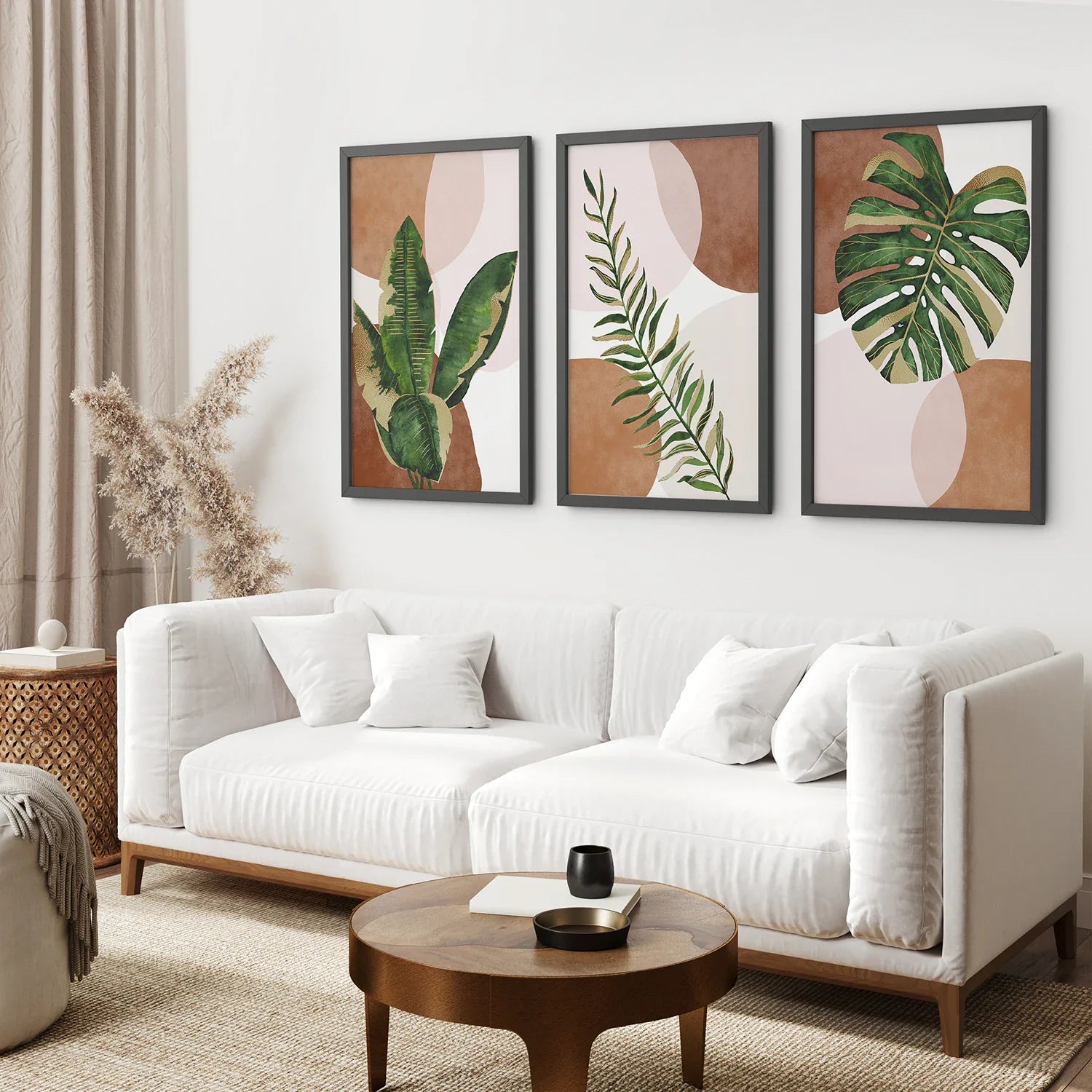 3-teilige Terrakotta Boho Wandkunst. Grüne tropische Blätter