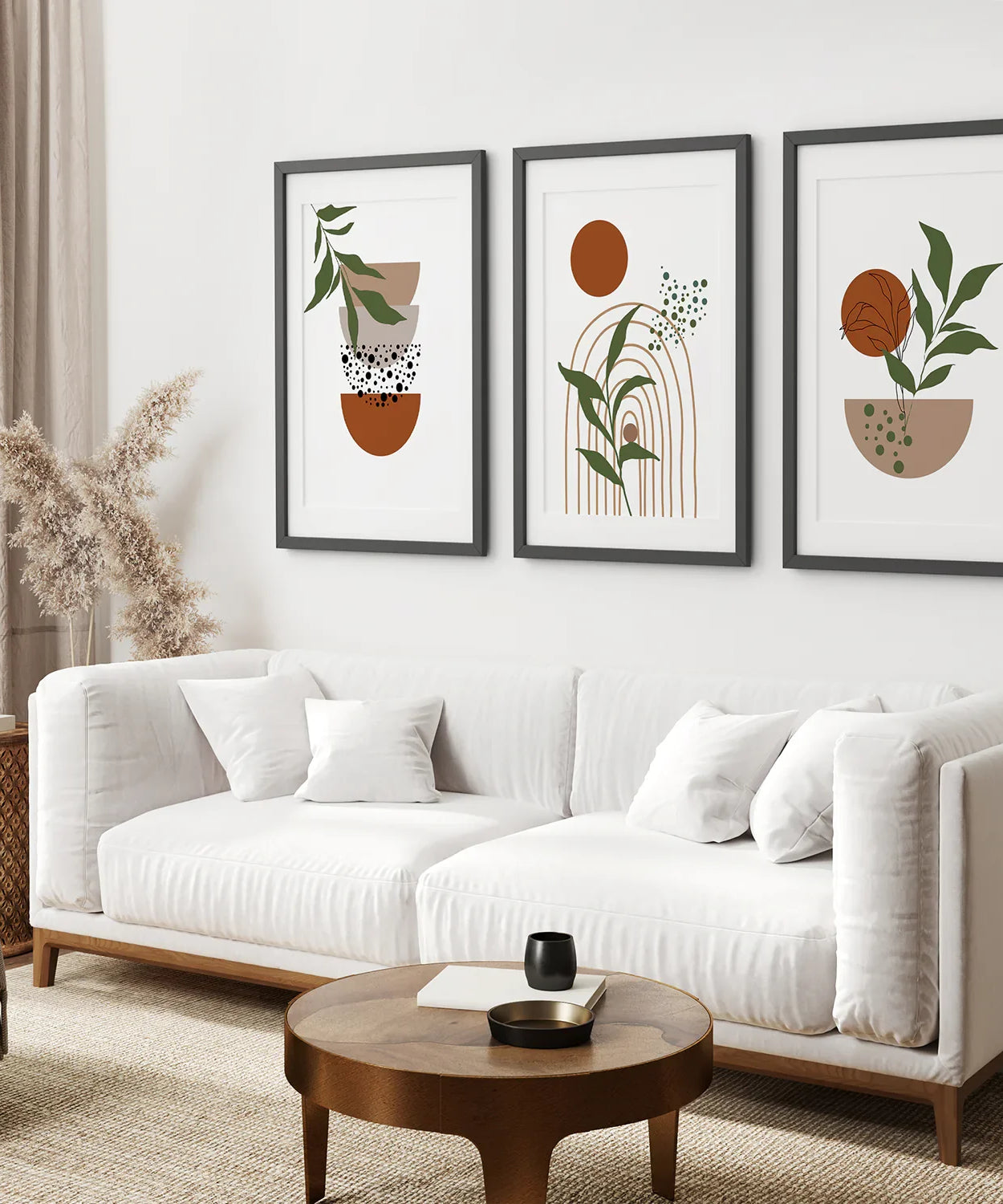 Abstrakte Wandkunst mit grünen Blättern, 3-teiliges Set. Erdtöne