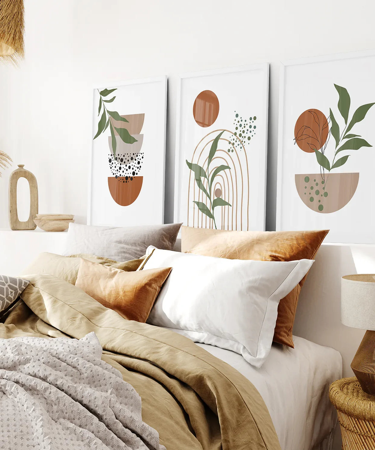 Abstrakte Wandkunst mit grünen Blättern, 3-teiliges Set. Erdtöne