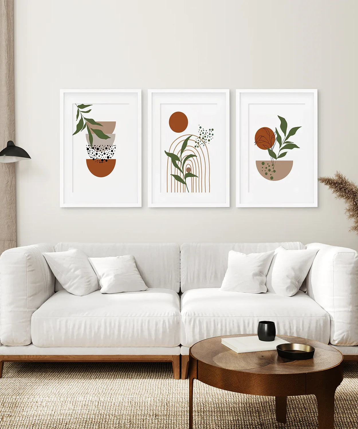 Abstrakte Wandkunst mit grünen Blättern, 3-teiliges Set. Erdtöne