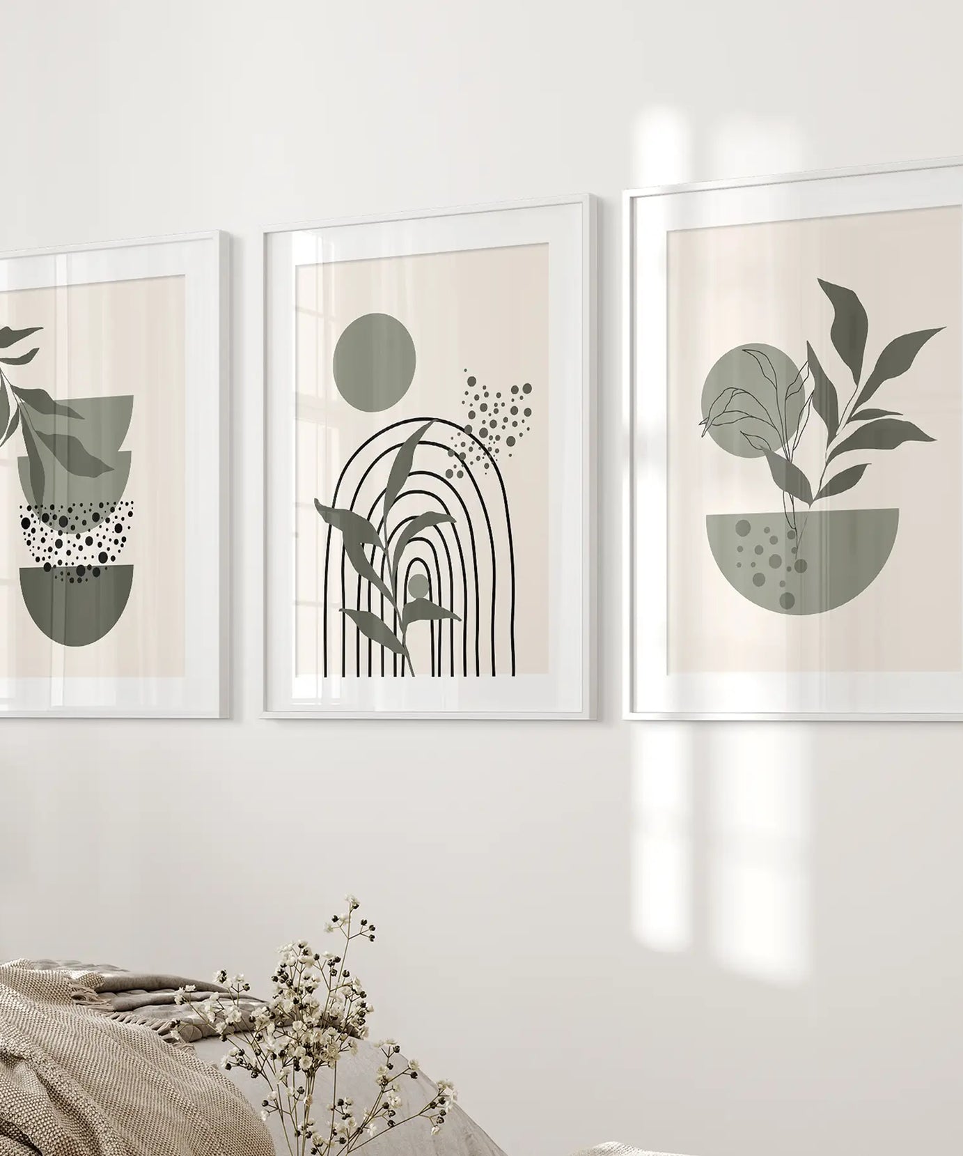 3-teilige Boho-Wandkunstdrucke. Grüne Mid-Century abstrakte Dekoration