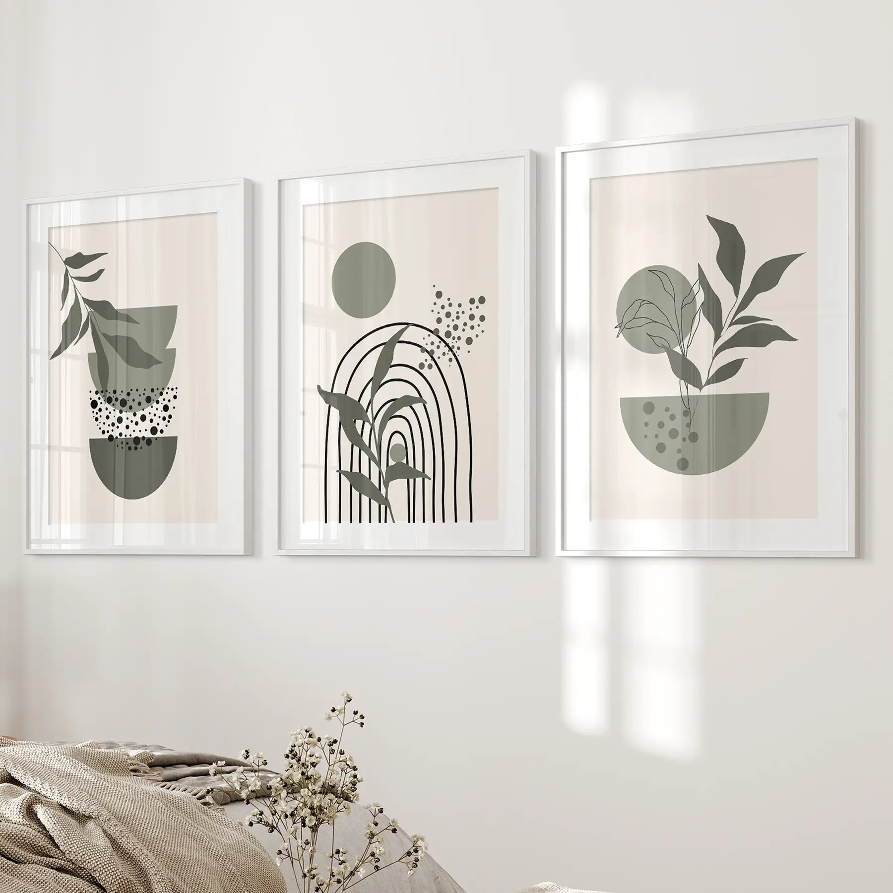 3-teilige Boho-Wandkunstdrucke. Grüne Mid-Century abstrakte Dekoration