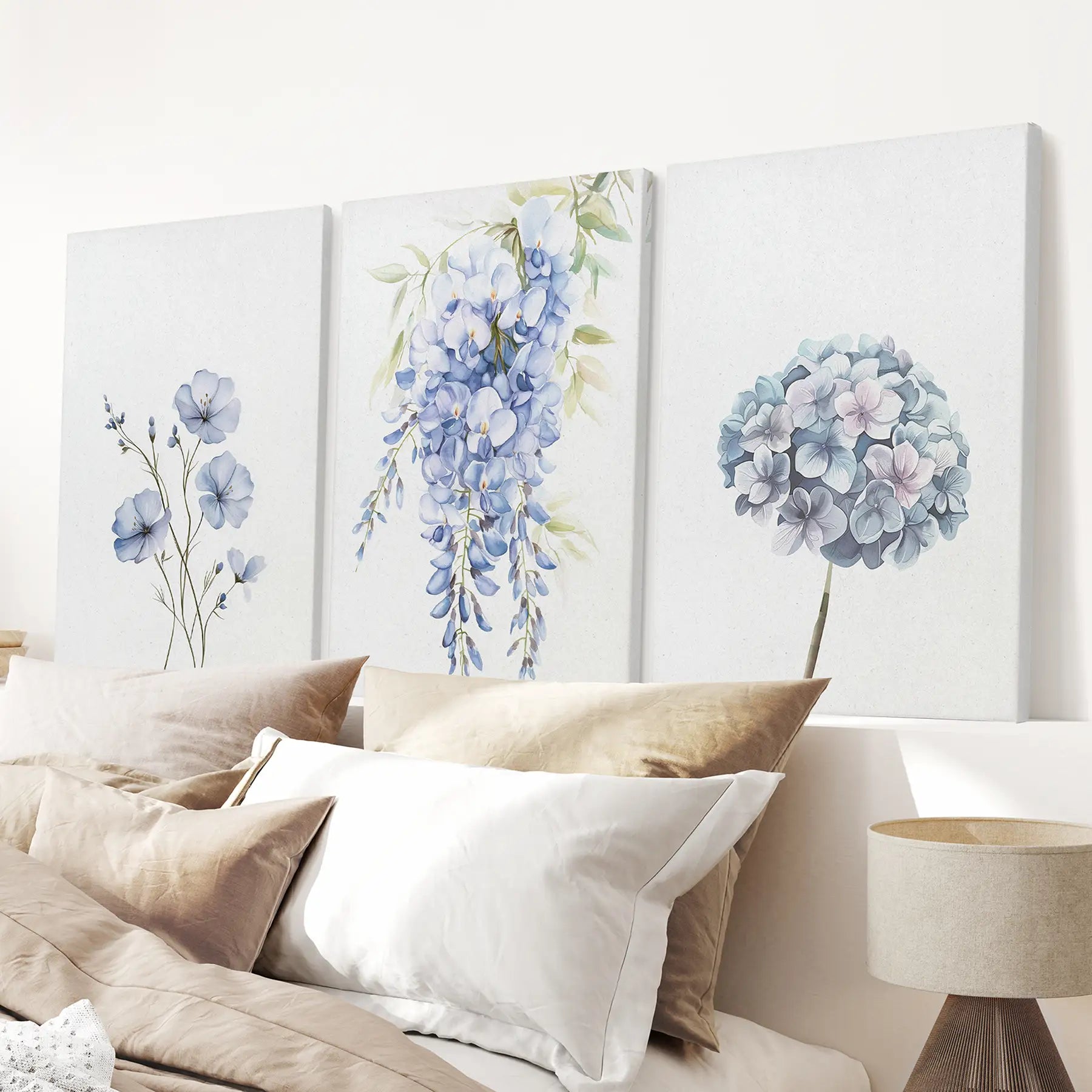 3er Set Blaue minimalistische Aquarell Blumen-Kunstdrucke