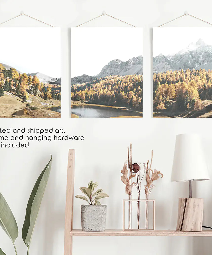 Braune Herbstlandschaft. 3-teiliges Bergsee, Wald Wandbild
