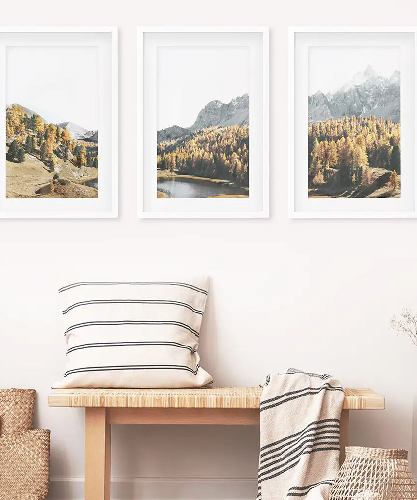 Braune Herbstlandschaft. 3-teiliges Bergsee, Wald Wandbild