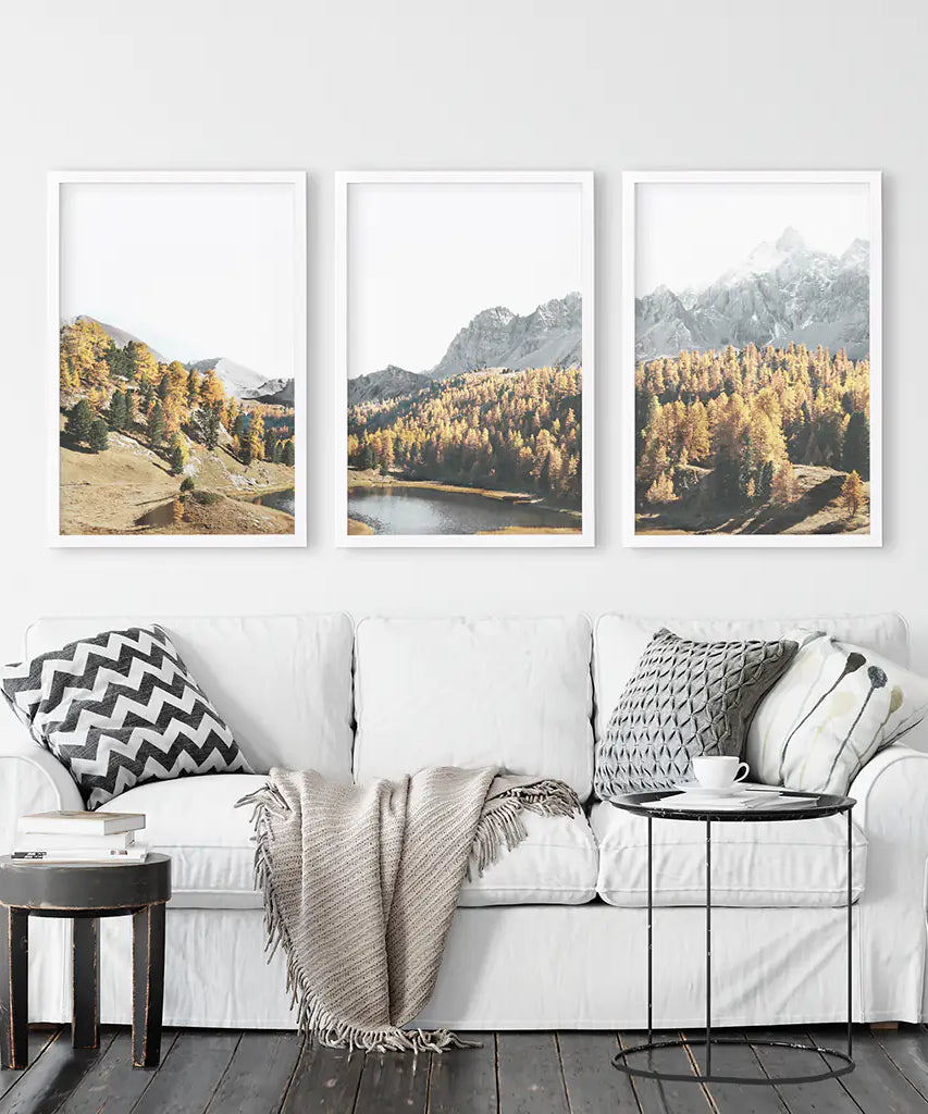 Braune Herbstlandschaft. 3-teiliges Bergsee, Wald Wandbild