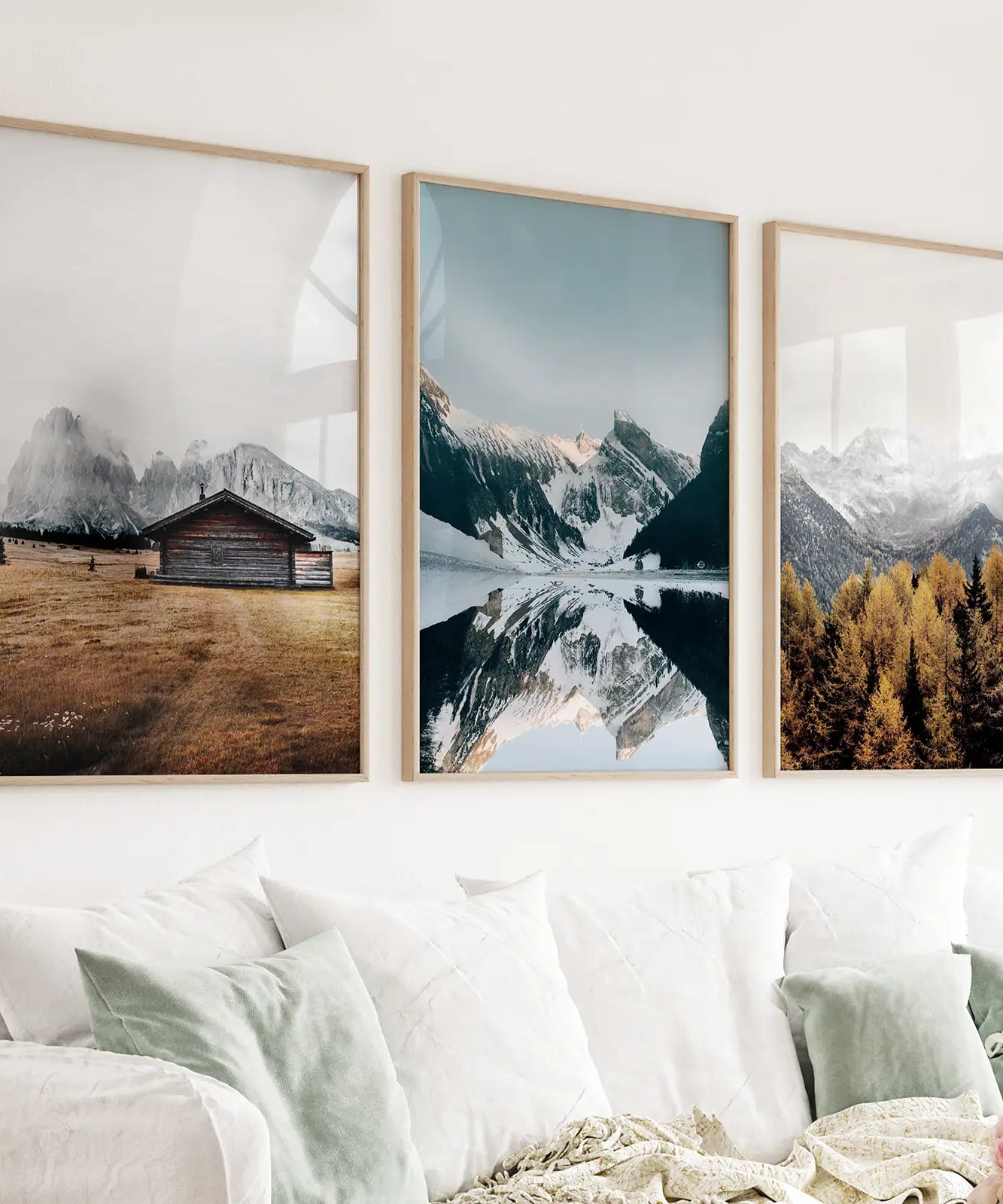 3-teilige Herbst Berg, Wald, See Wandkunst. Nordisches Foto